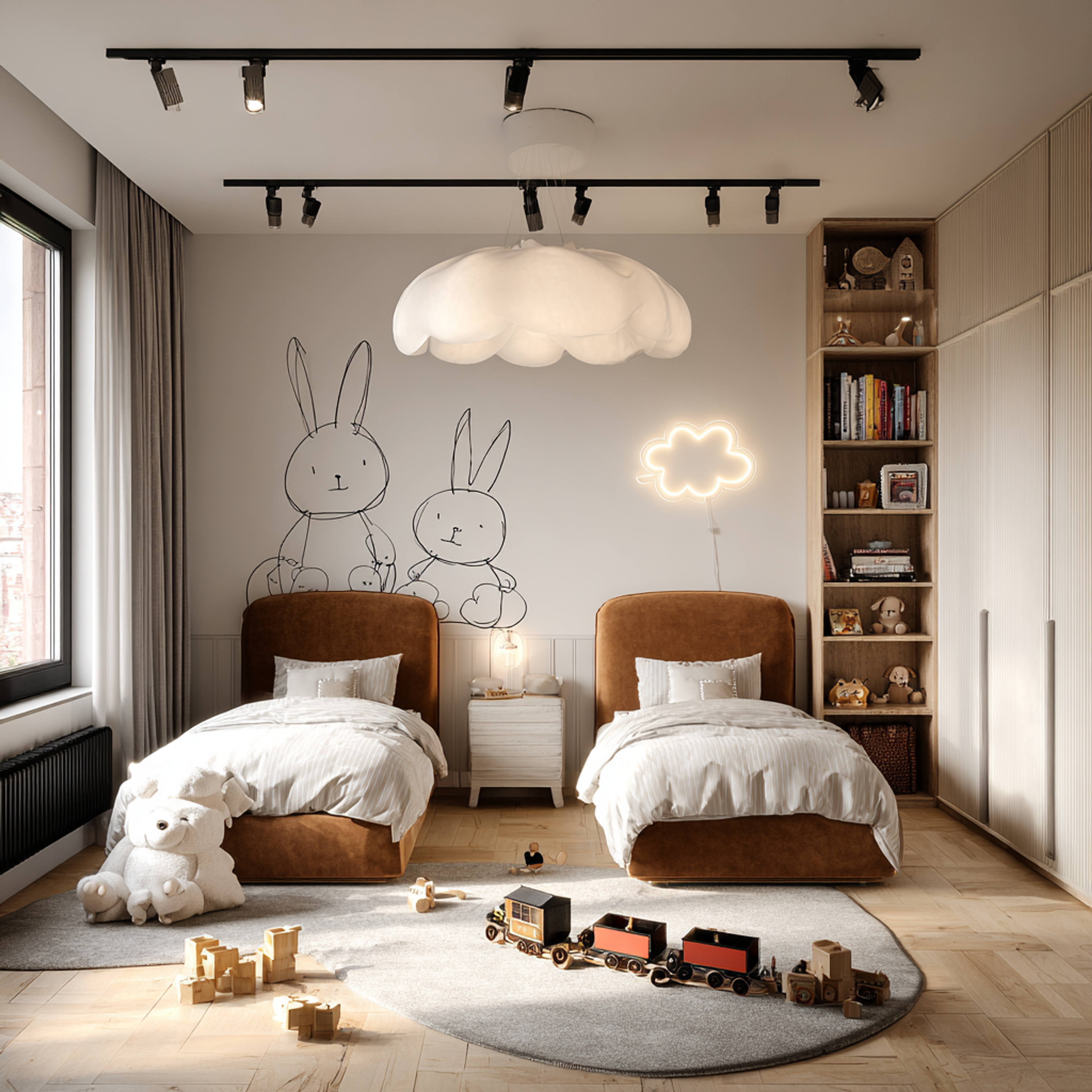 Modern Twin Kids Bedroom Design with Line Rabbit Artwork and Platform Bed