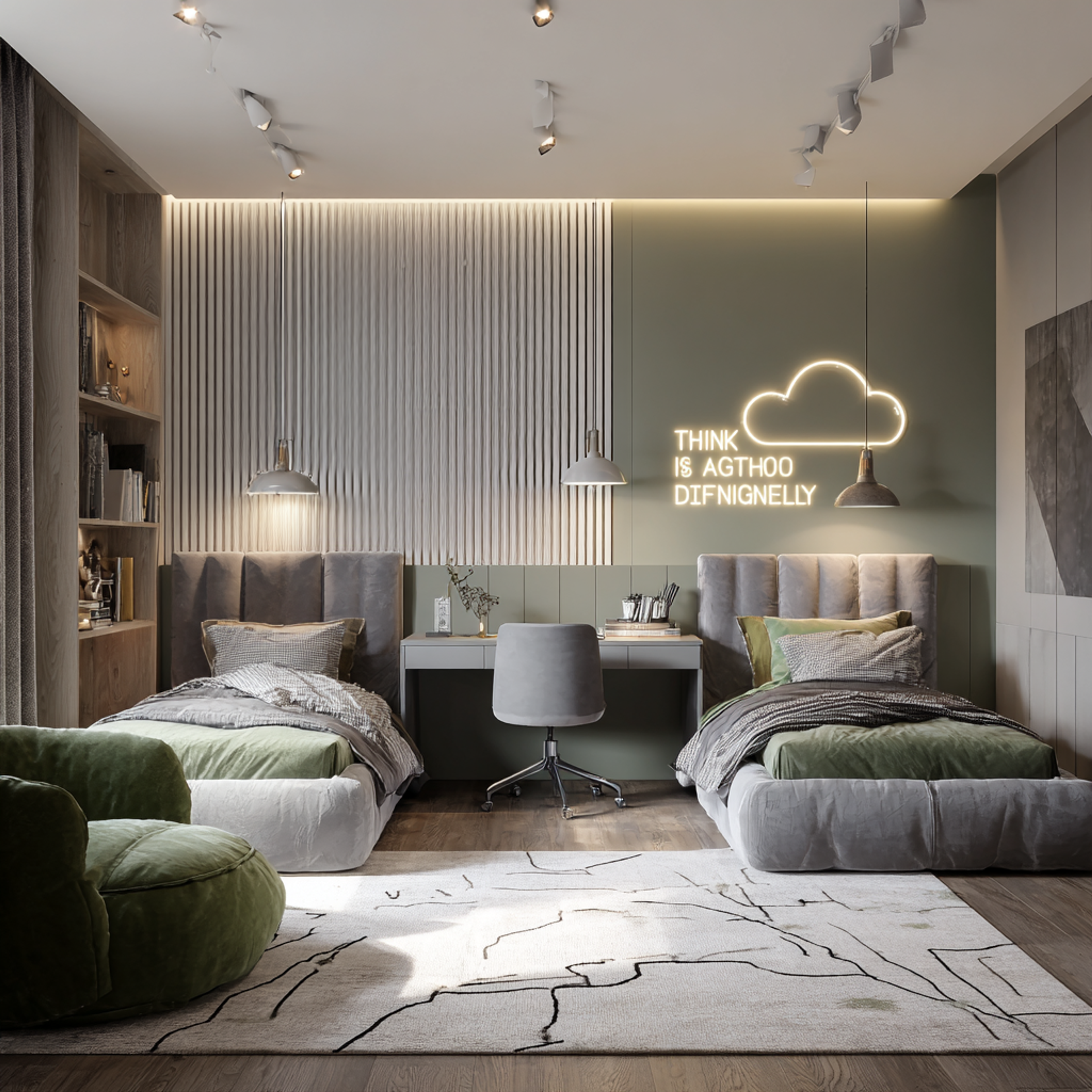 Contemporary Twin Kids Bedroom Design with Grey Twin Beds and Central Study Table