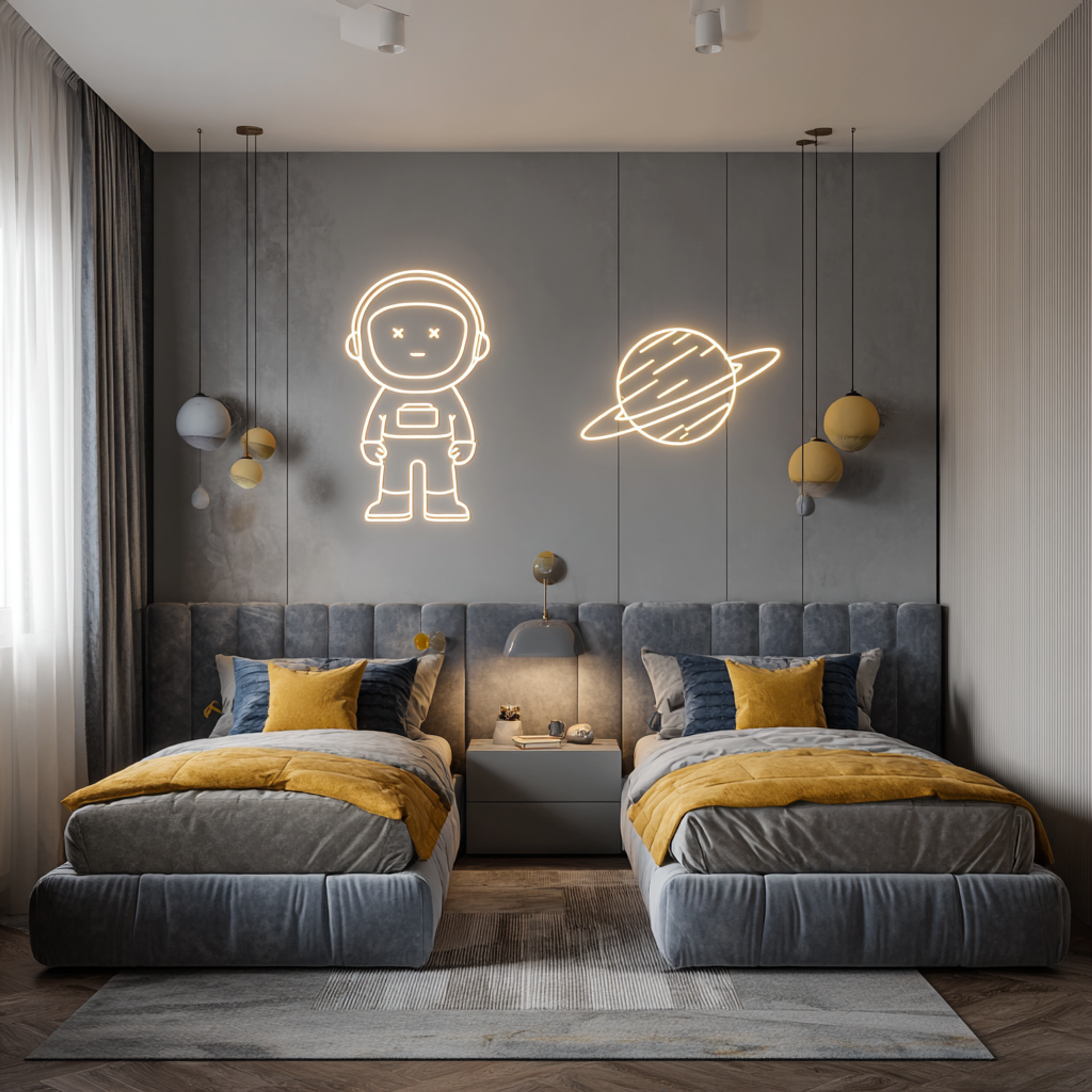 Modern Twin Kids Bedroom Design with Neon Astronaut Wall Lights