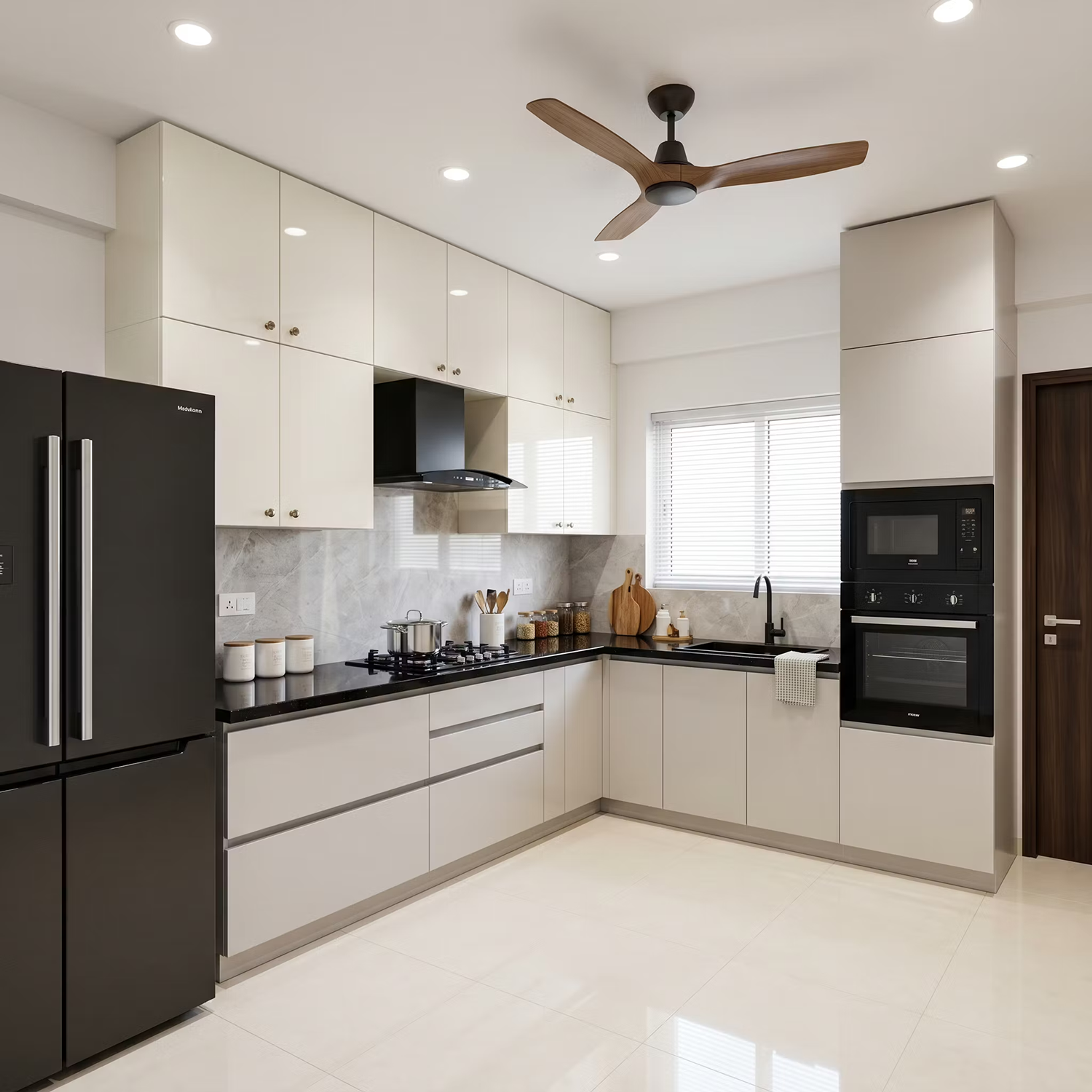 Monochrome Modern L-Shaped Kitchen Design with Black Granite Countertops