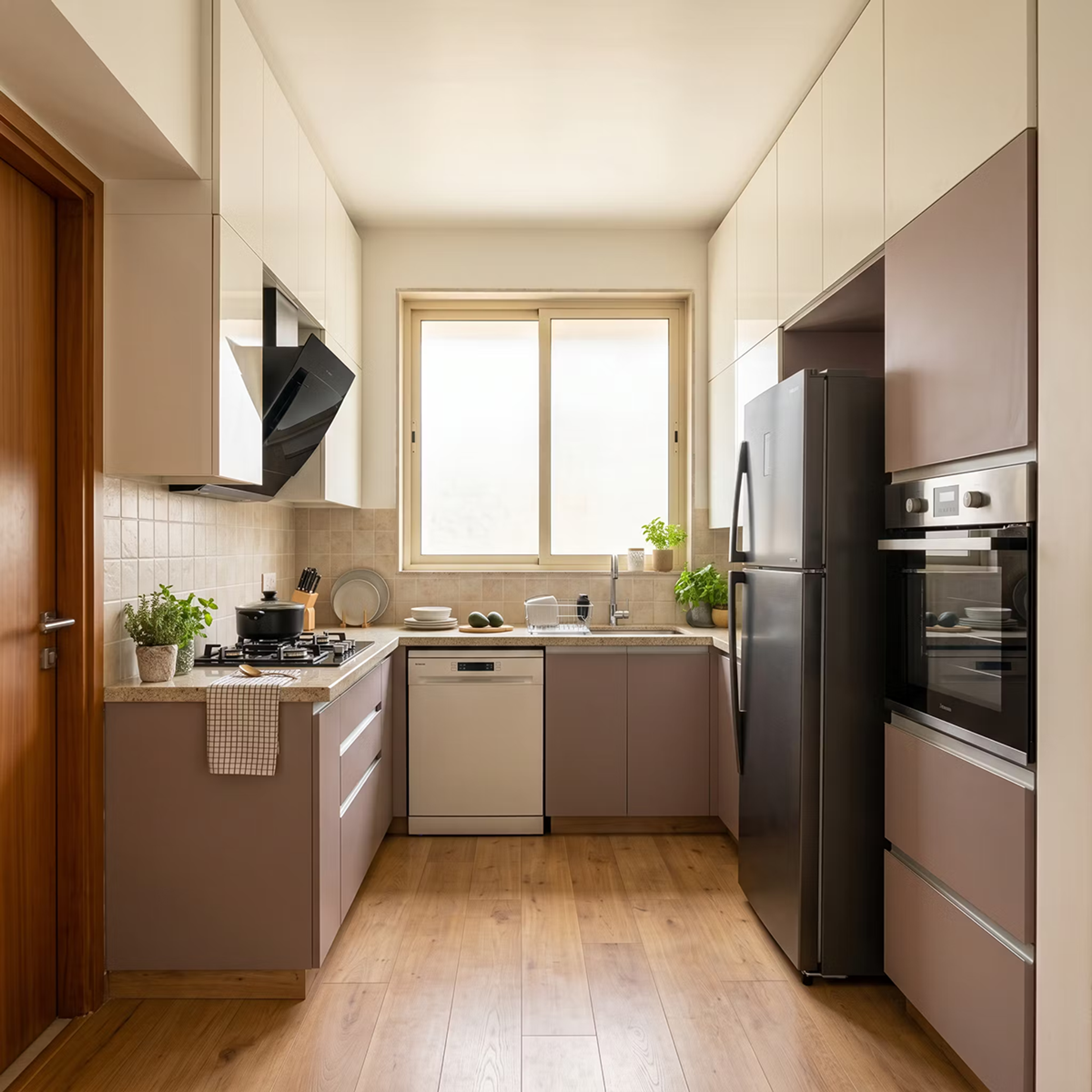 Contemporary Cream U-Shaped Kitchen Design with Mauve and White Cabinets