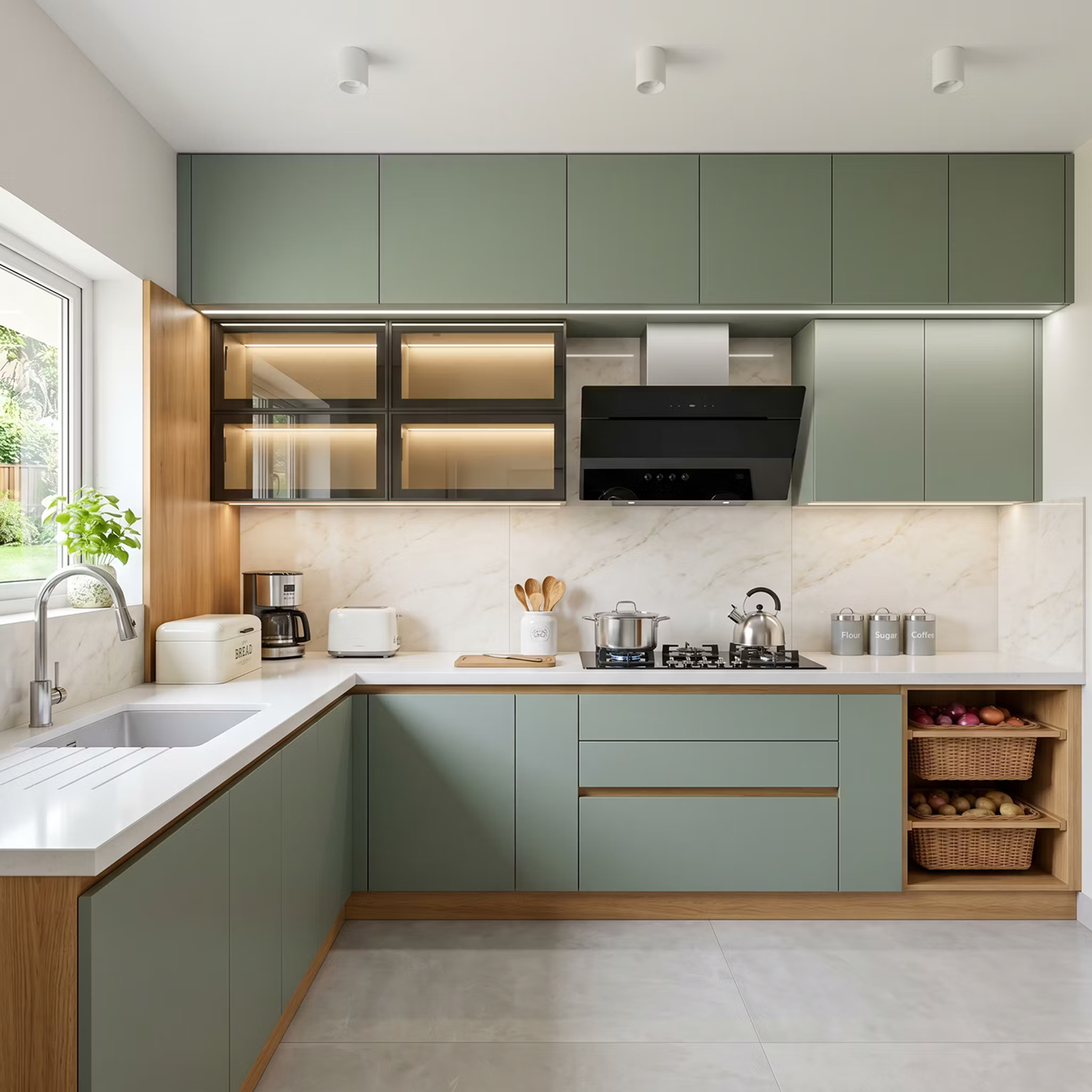Sage Green Farmhouse Contemporary L-Shaped Kitchen Design with Quartz Tops