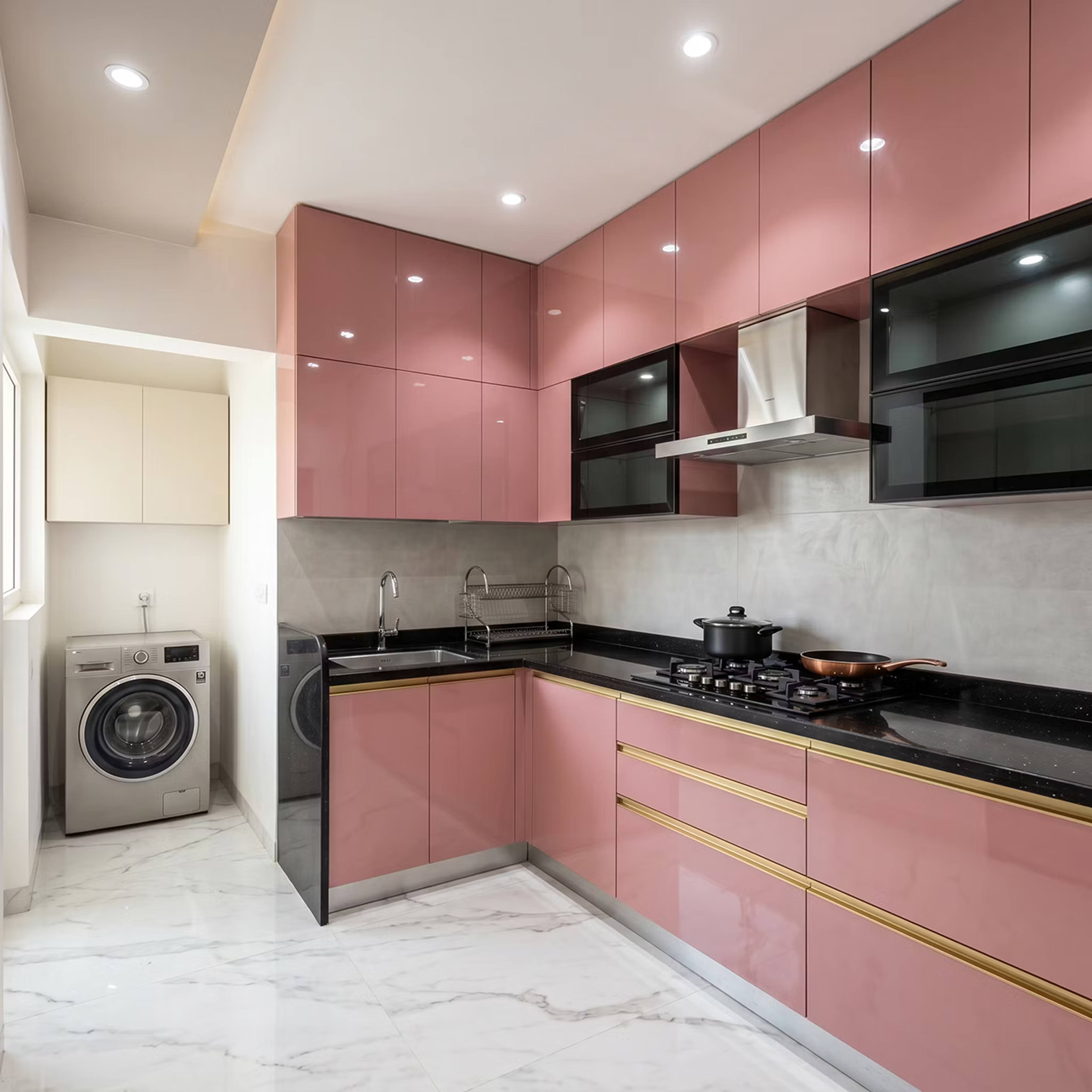 Modern L-Shaped Kitchen Design with High Gloss Cabinets and Granite Countertops