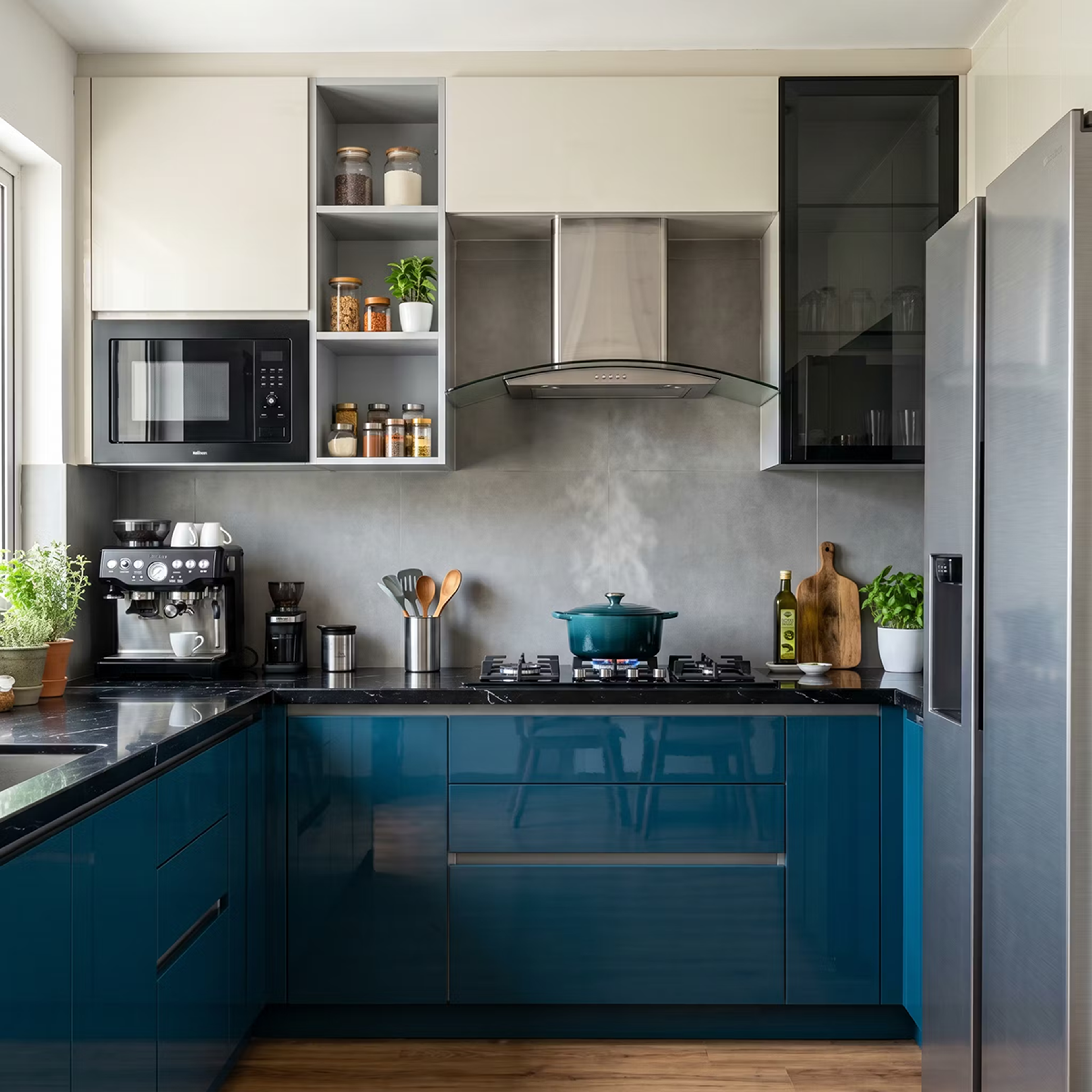 Teal and White Modern U-Shaped Kitchen Design with Granite Tops