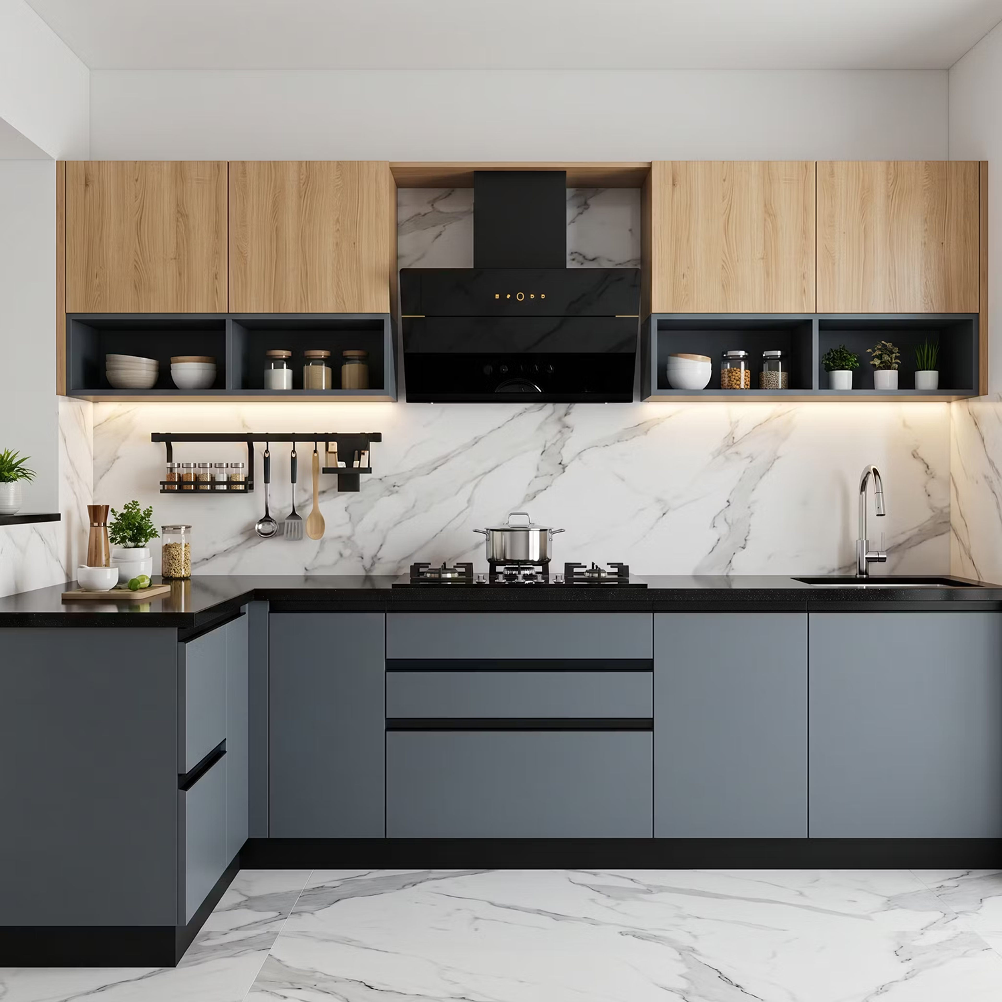 Wood and Gray Contemporary L-Shaped Kitchen Design with Marble Backsplash