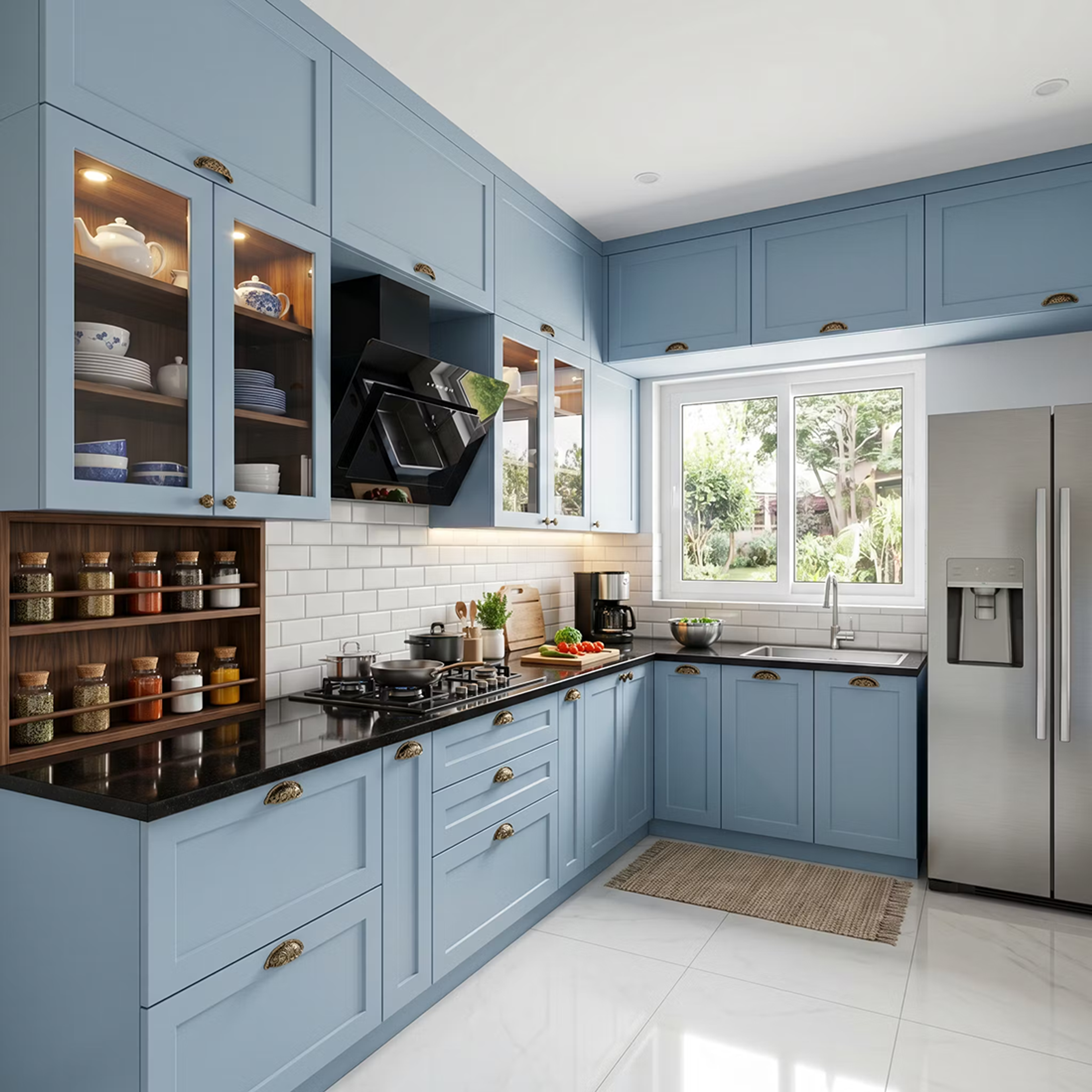Classic L-Shaped Kitchen Design with Light Blue and Black Cabinets