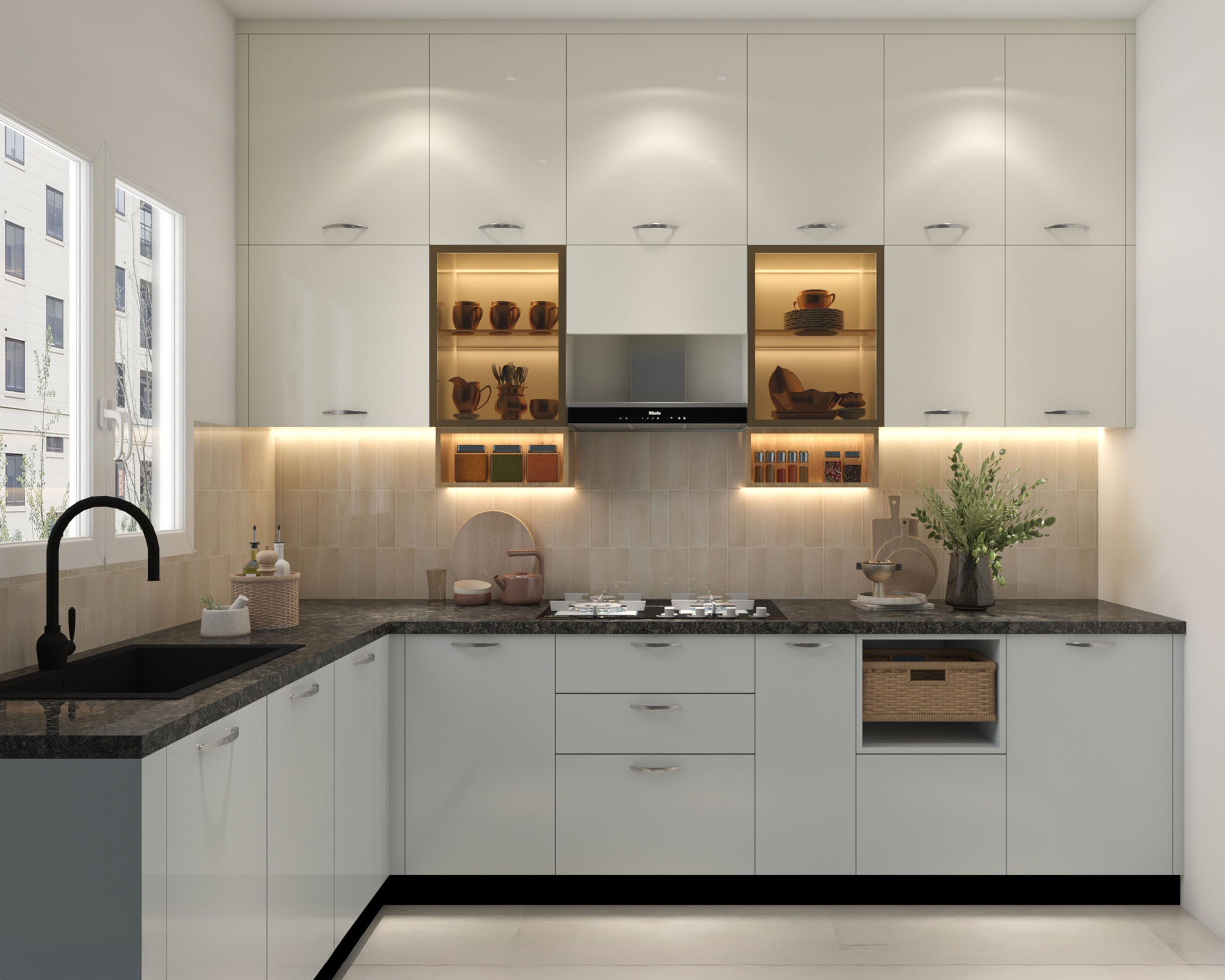Modern L-Shaped Kitchen Design with High Gloss Silver and White Wall Cabinetry