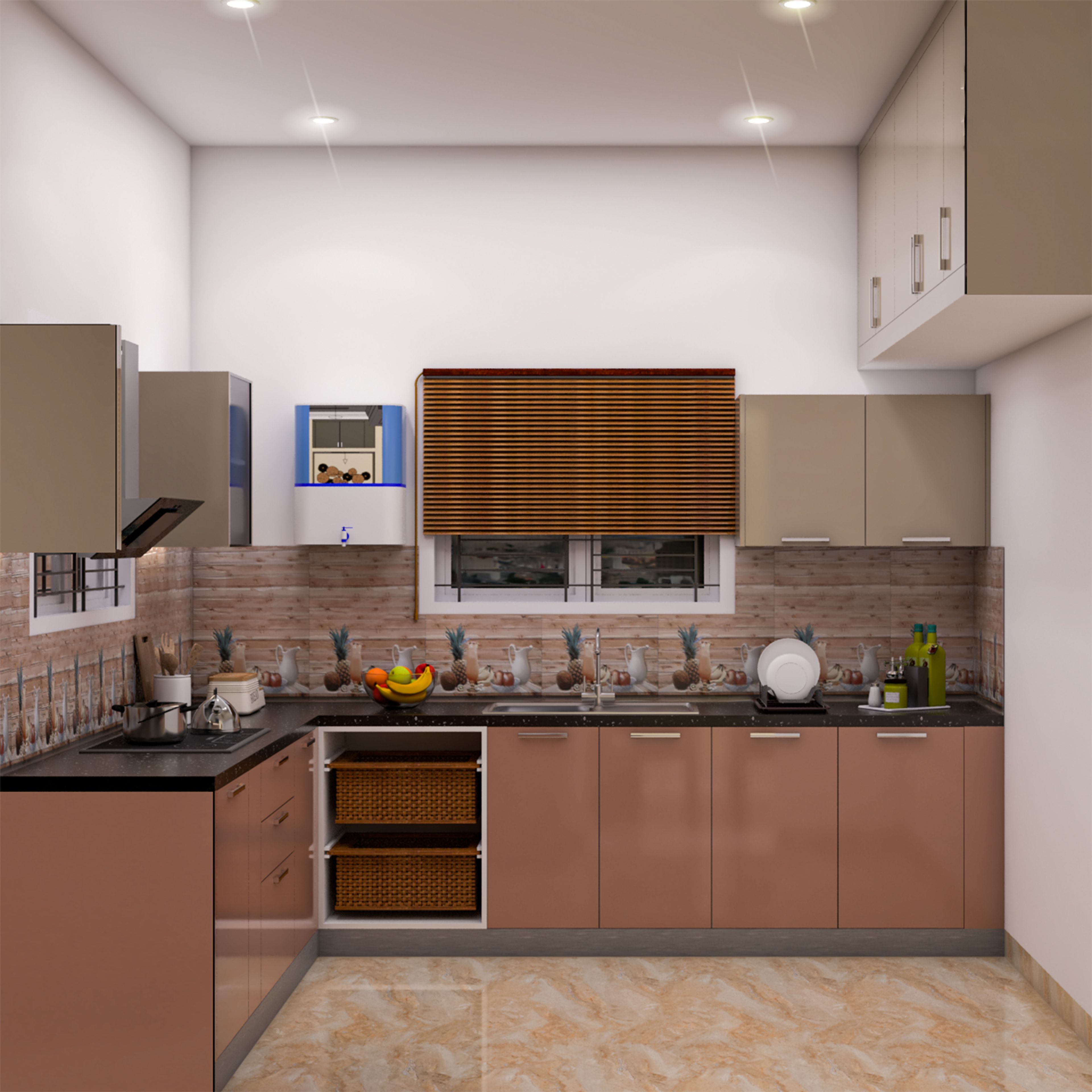 L-Shaped Contemporary Kitchen Design with Grey and Rose Suede Laminate Cabinets