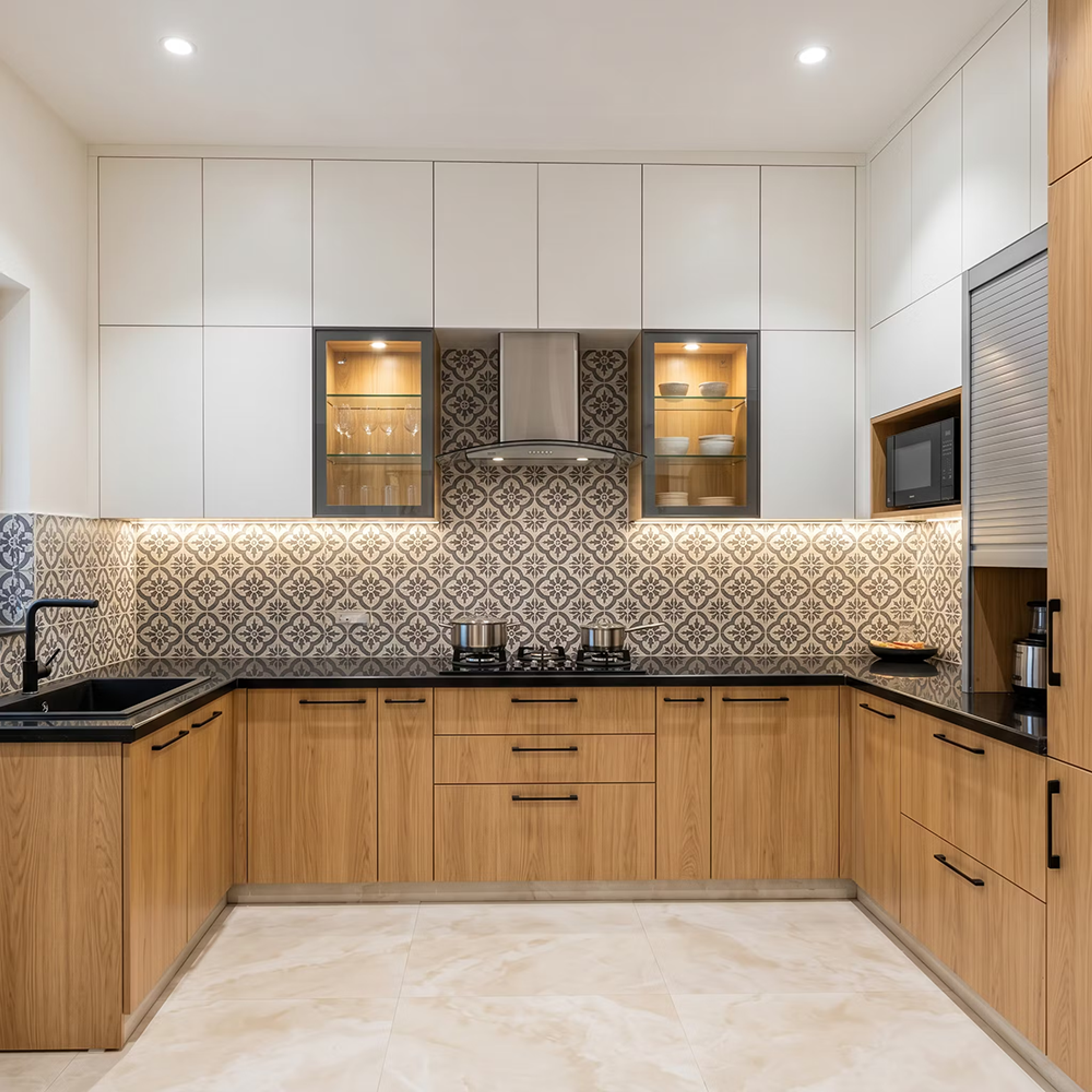 Wood and White Contemporary U-Shaped Kitchen Design with Glass Cabinets