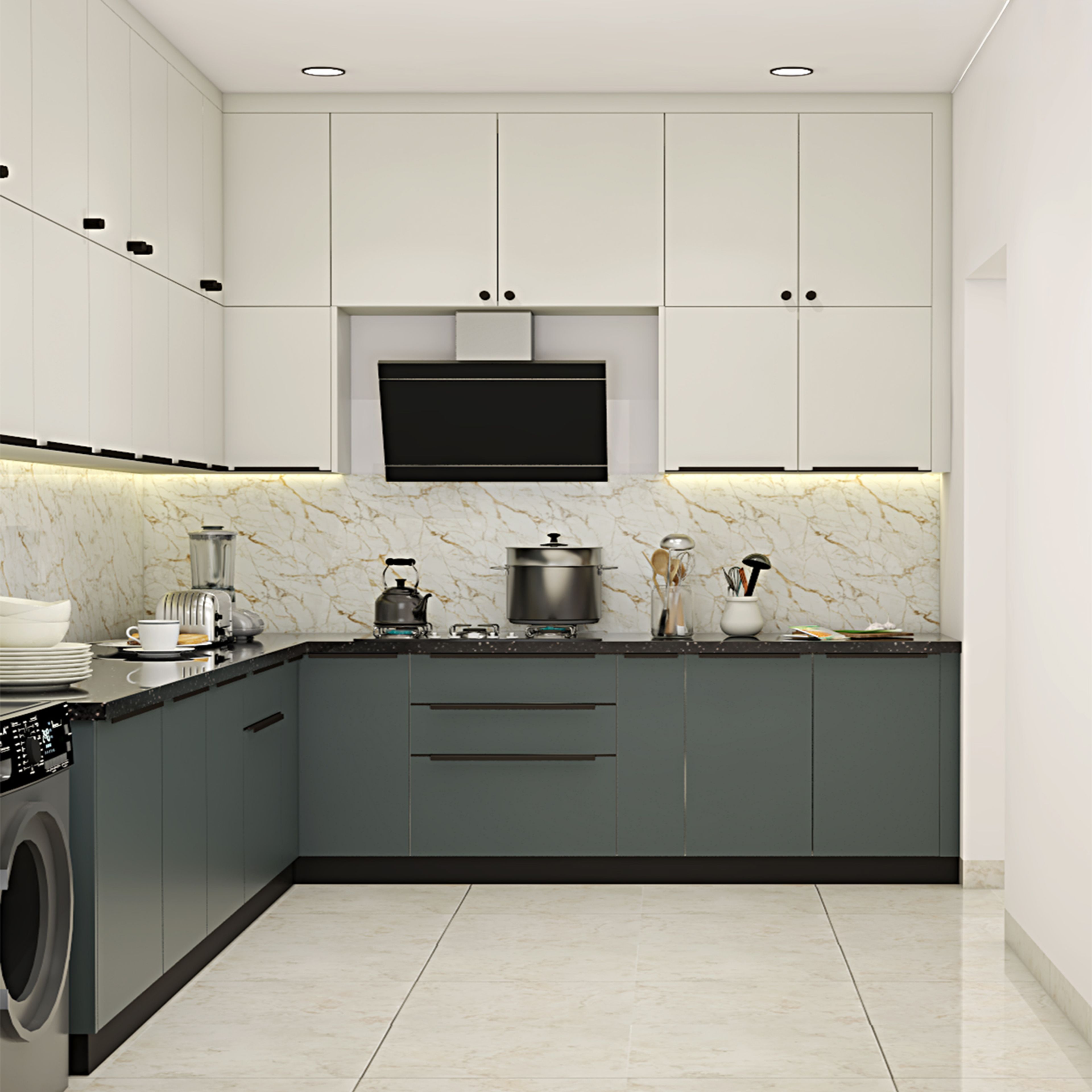 Modern L-Shaped Kitchen Design in Grey and White with Marble Backsplash