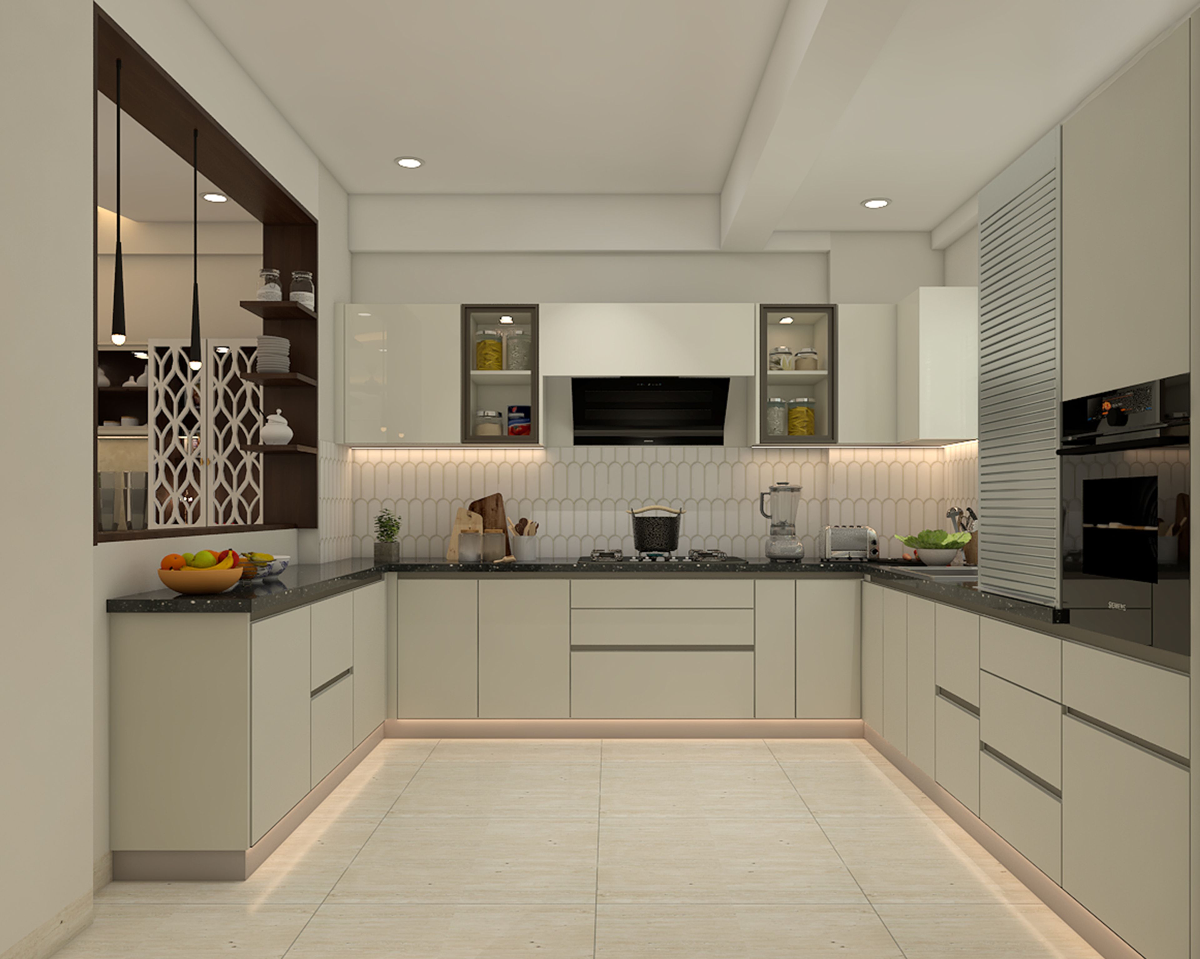 Contemporary U-Shaped Kitchen Design with Frosty White Gloss Cabinets