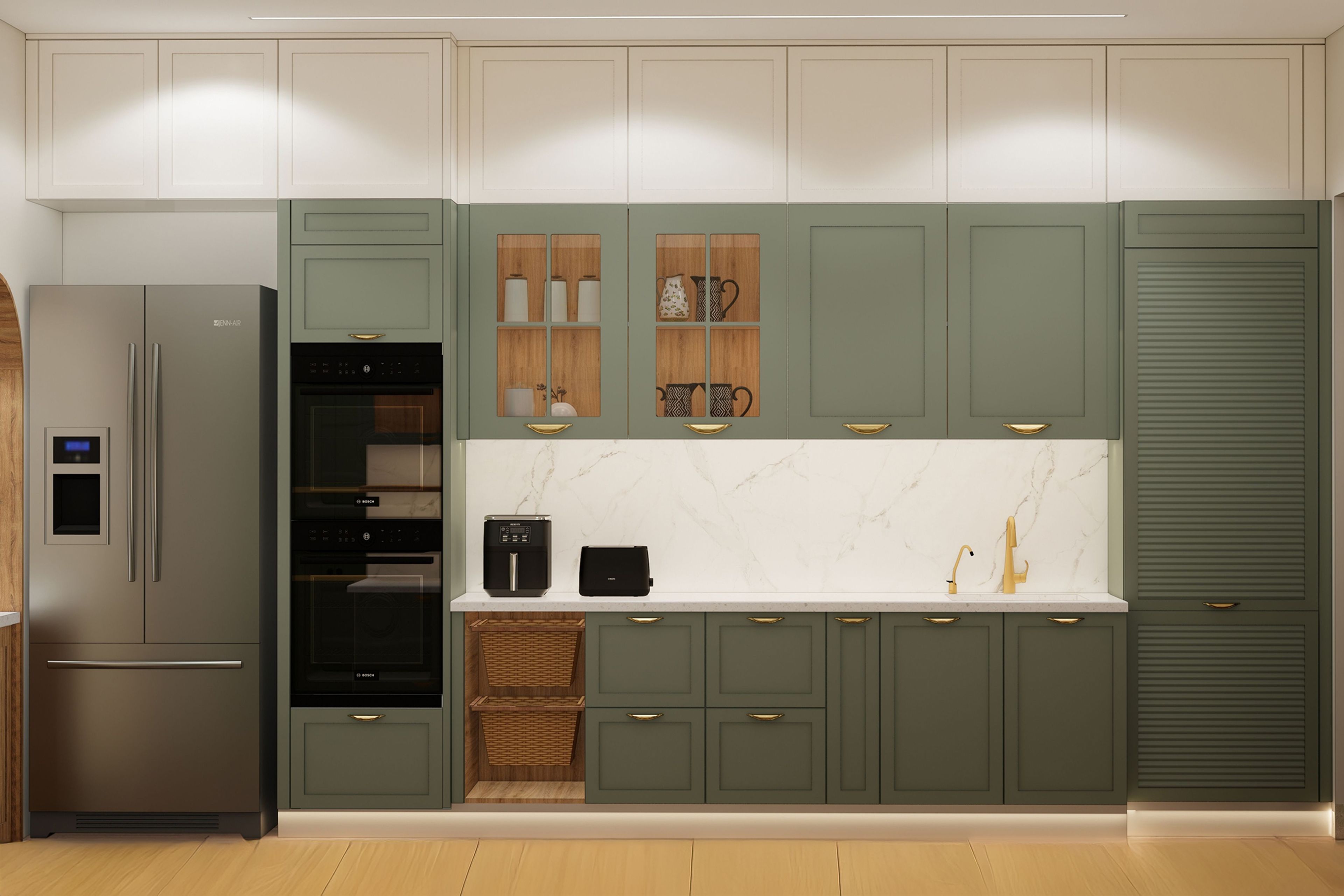 Classic Parallel Kitchen Design in Desert Green and Bright White with Quartz Countertop