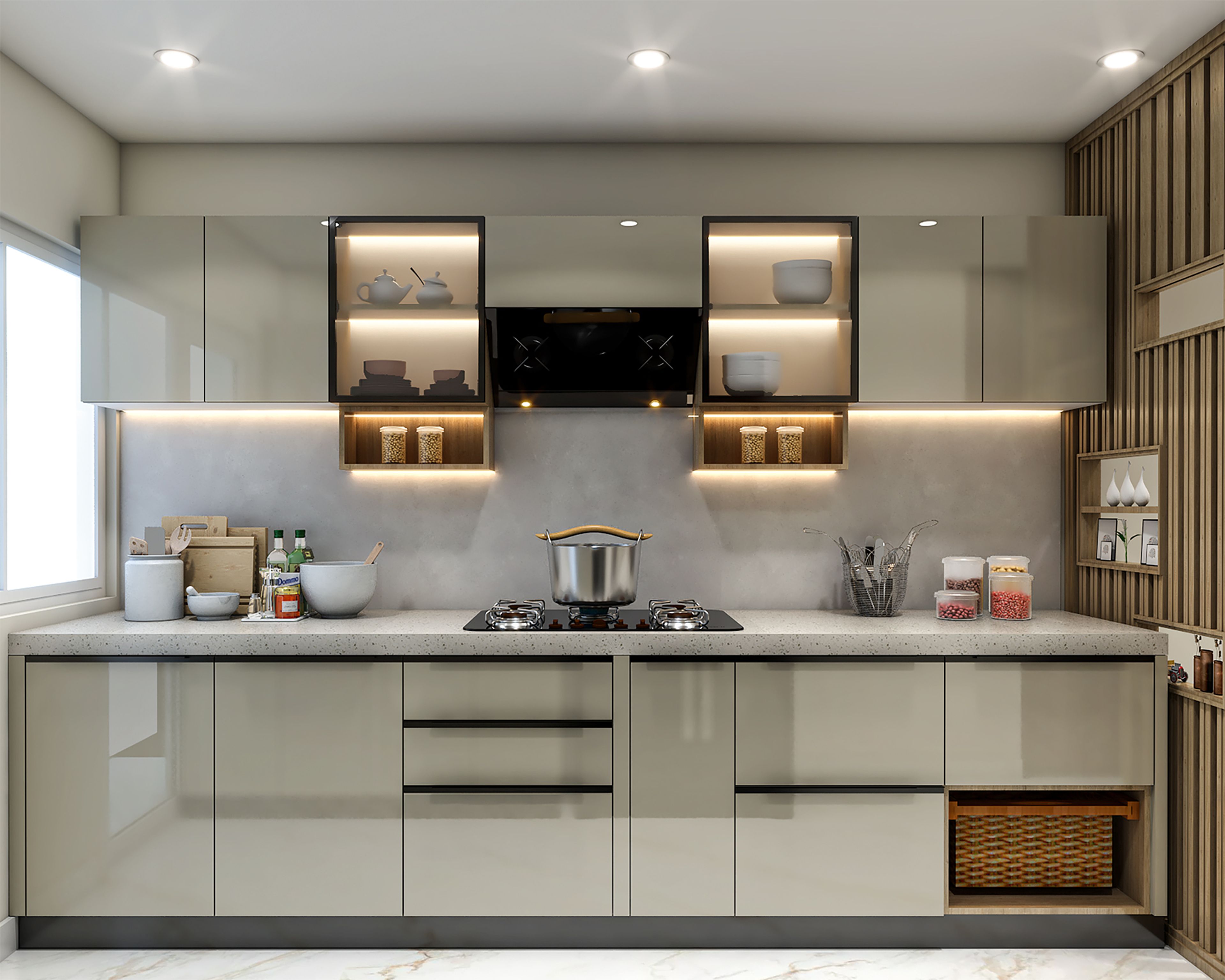 Modern Parallel Kitchen Design Featuring Pumice High Gloss Cabinets