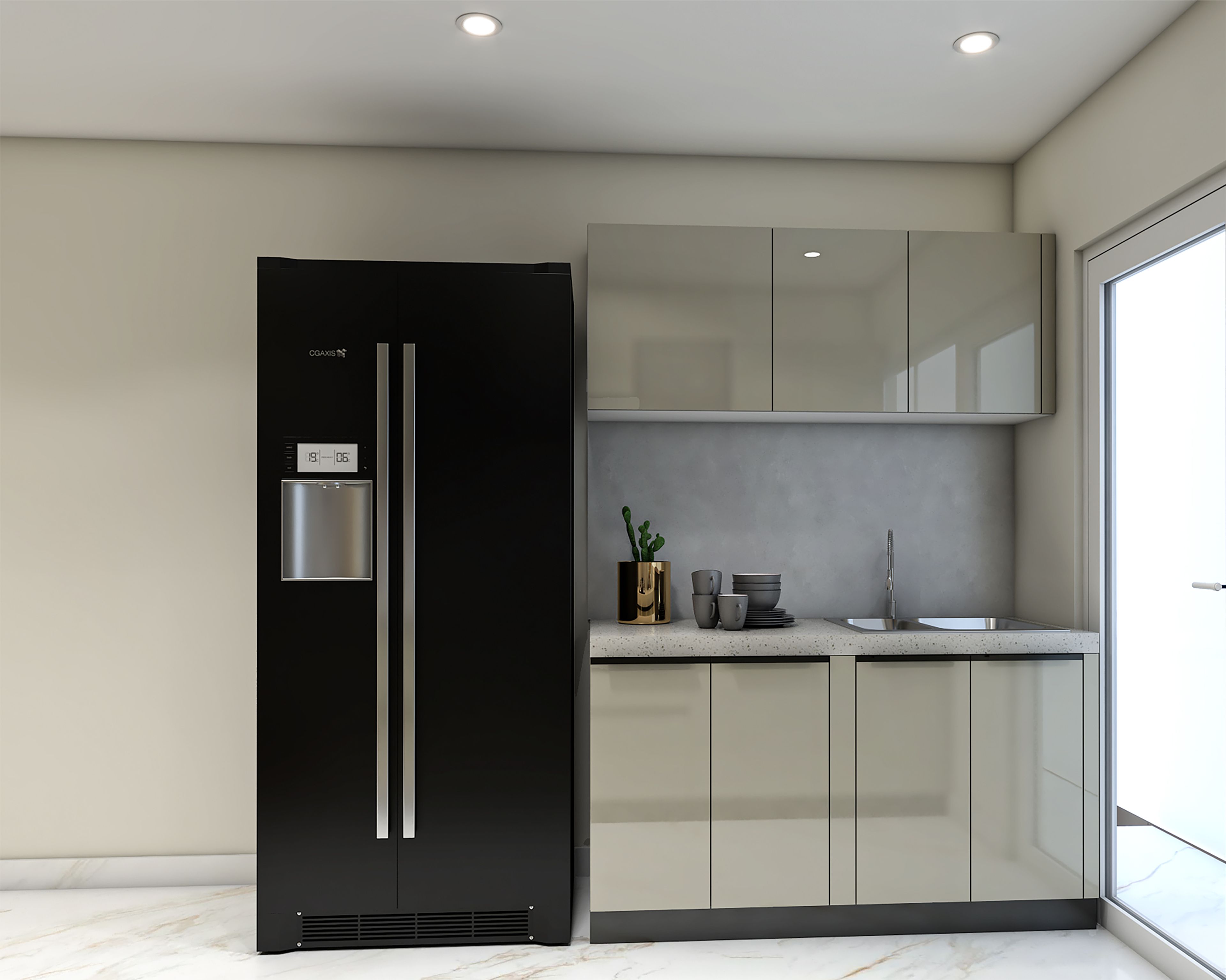 Modern Parallel Kitchen Design Featuring Pumice High Gloss Cabinets
