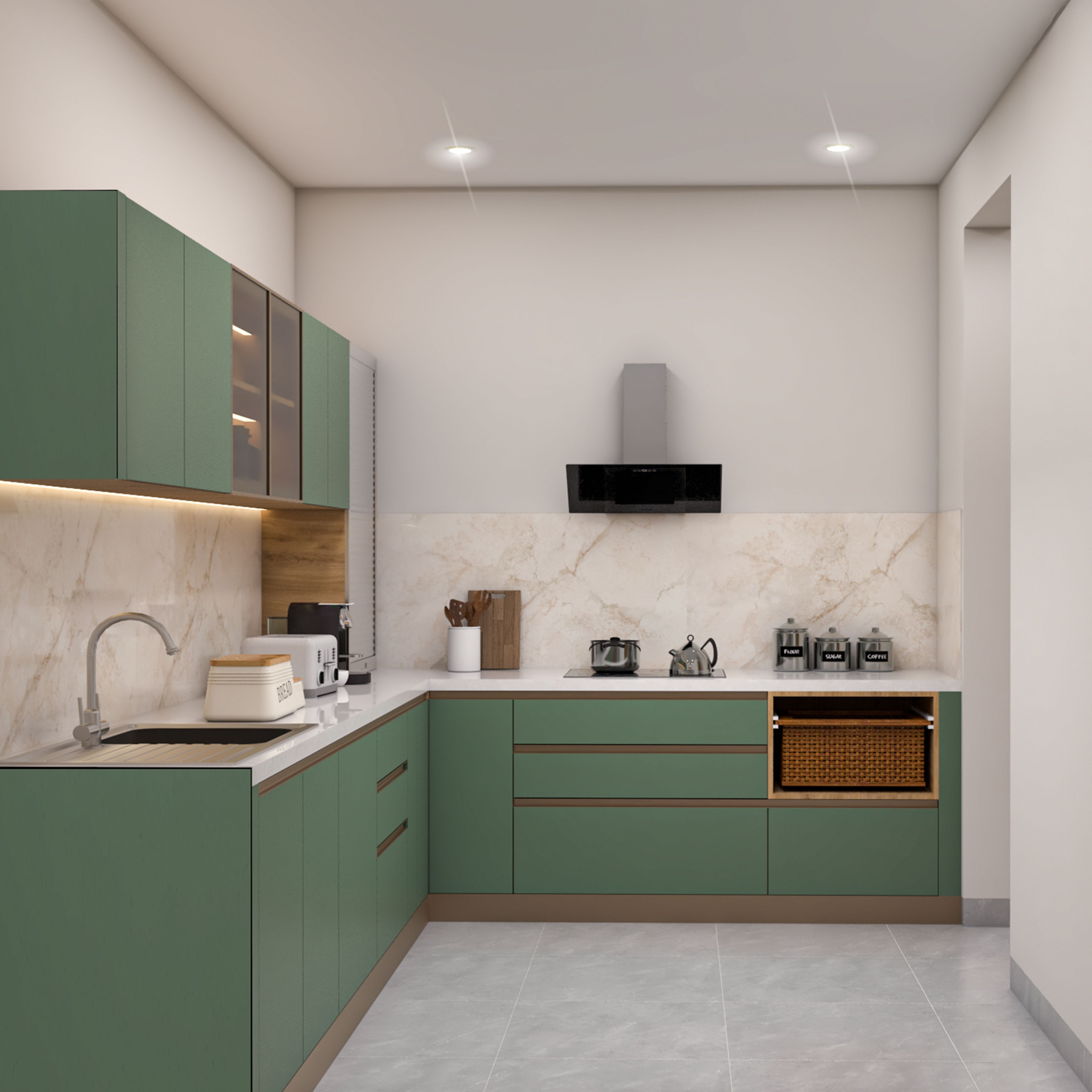 Contemporary L-Shaped Kitchen Design In Aqua Green Finish with Black Chimney Hood