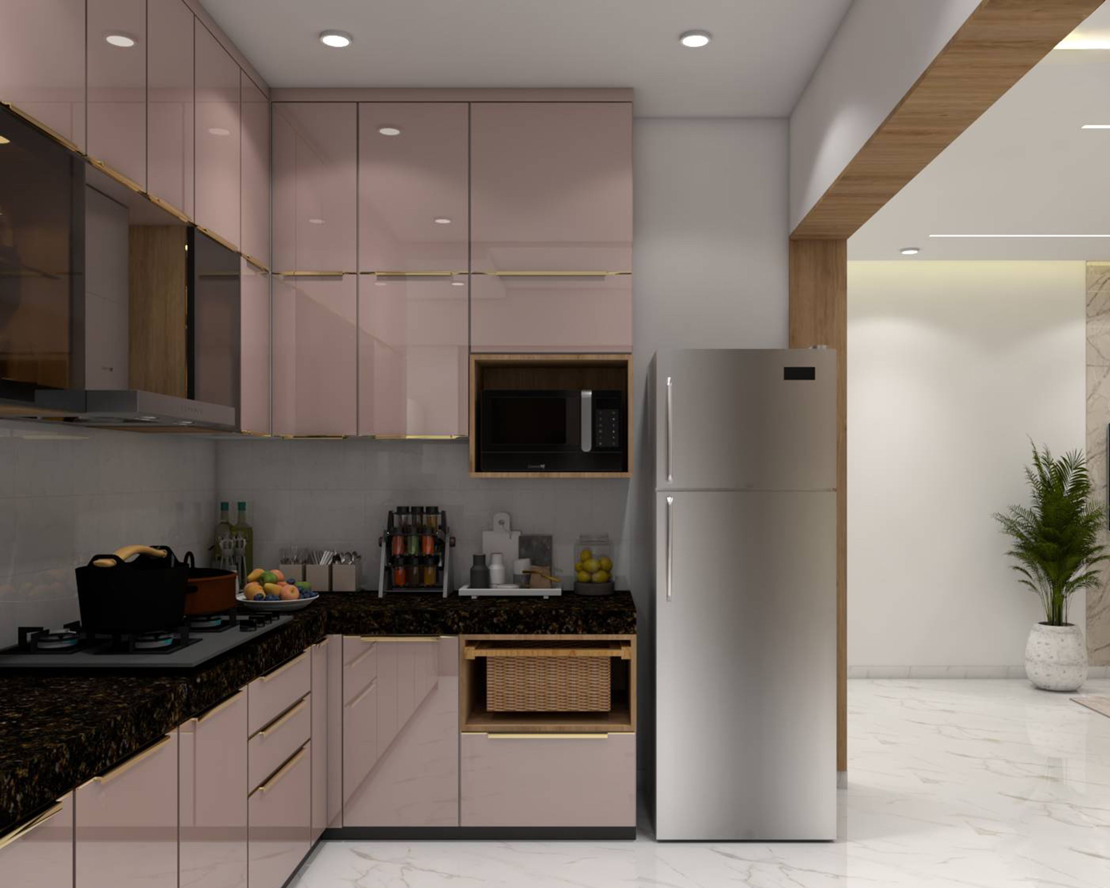 Modern L-Shaped Kitchen Design in Rose Geranium Gloss Finish with Granite Countertop