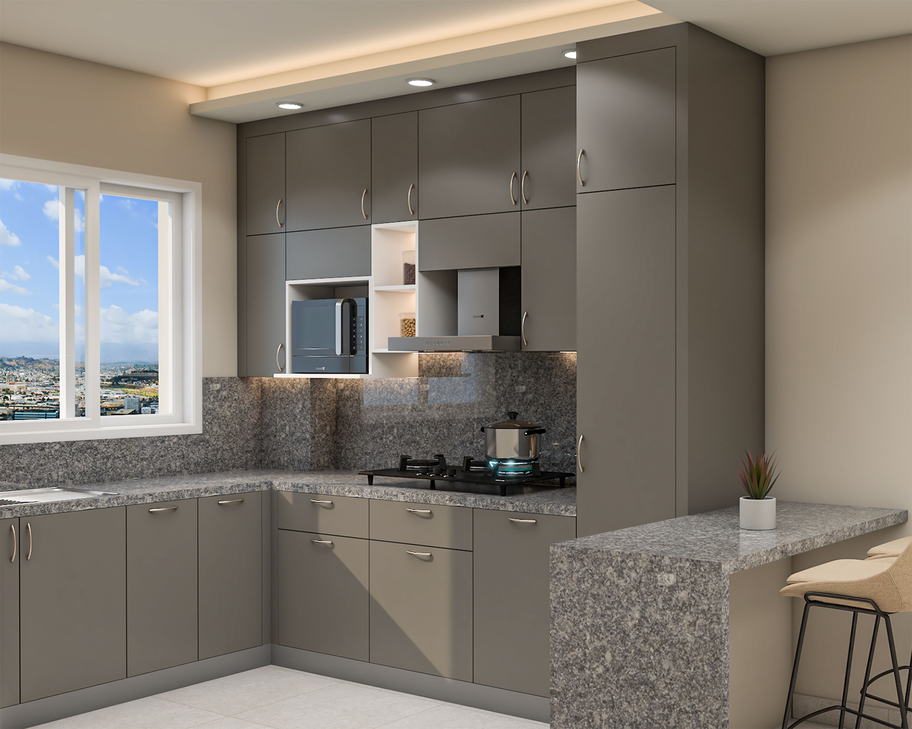 Contemporary L-Shaped Kitchen Design in Grey Finish with Granite Counter