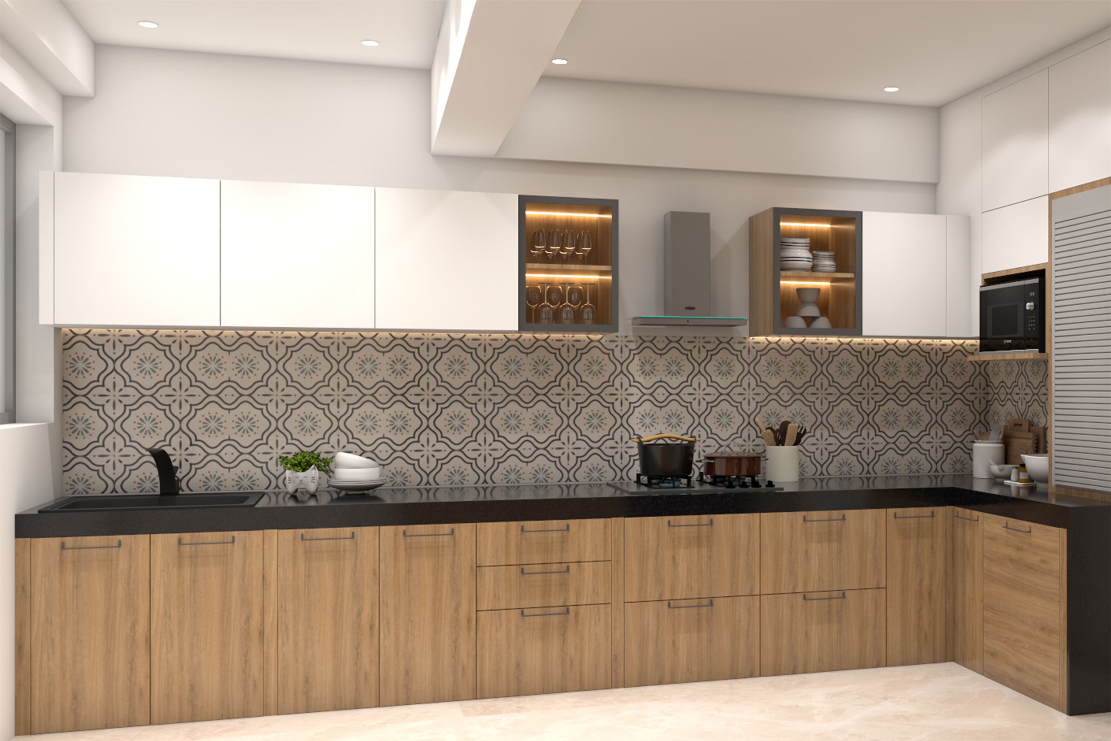 Contemporary L-Shaped Kitchen Design with Patterned Backsplash and Granite Counter