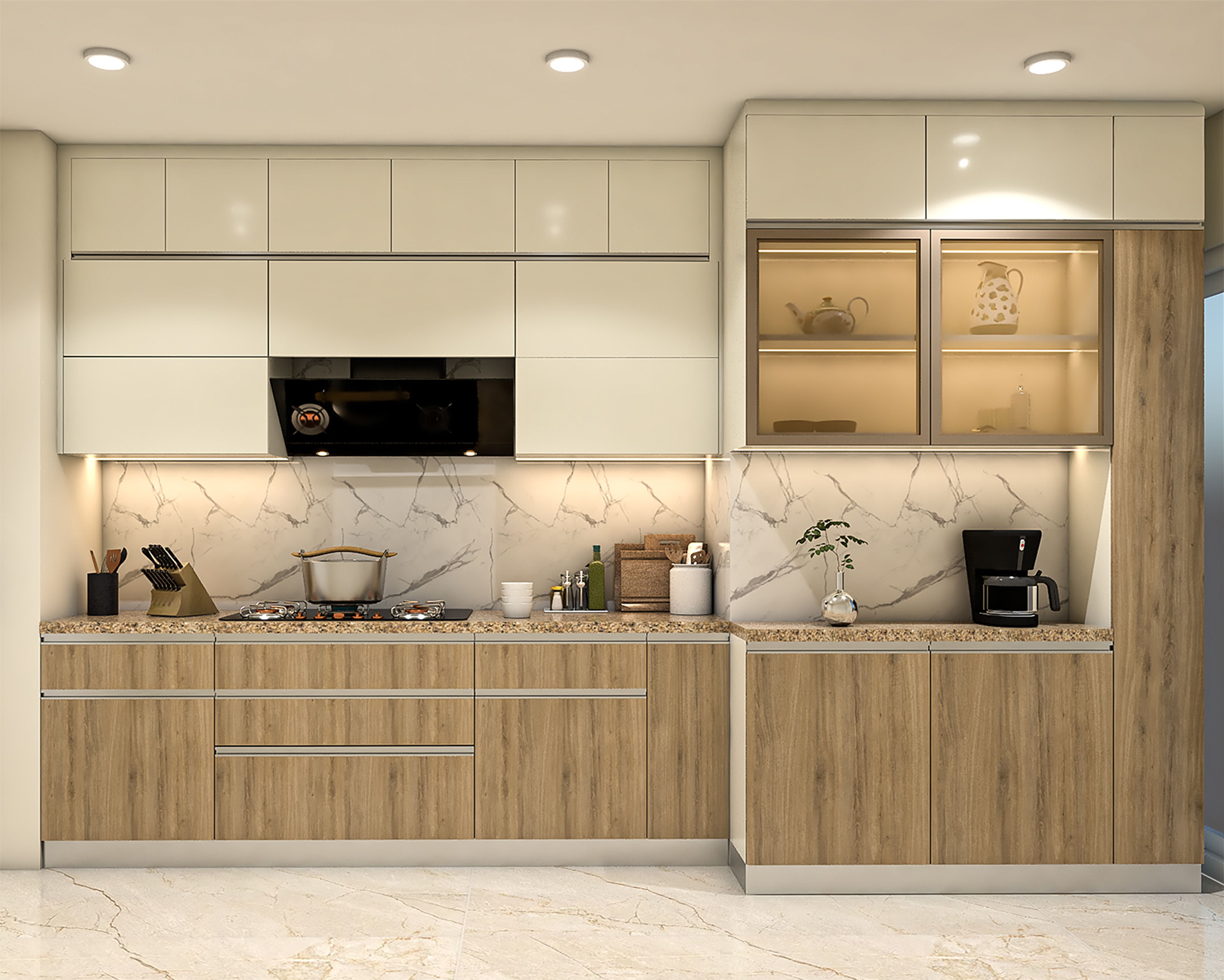 Contemporary Parallel Kitchen Design with Glass Front Units and Marble Backsplash