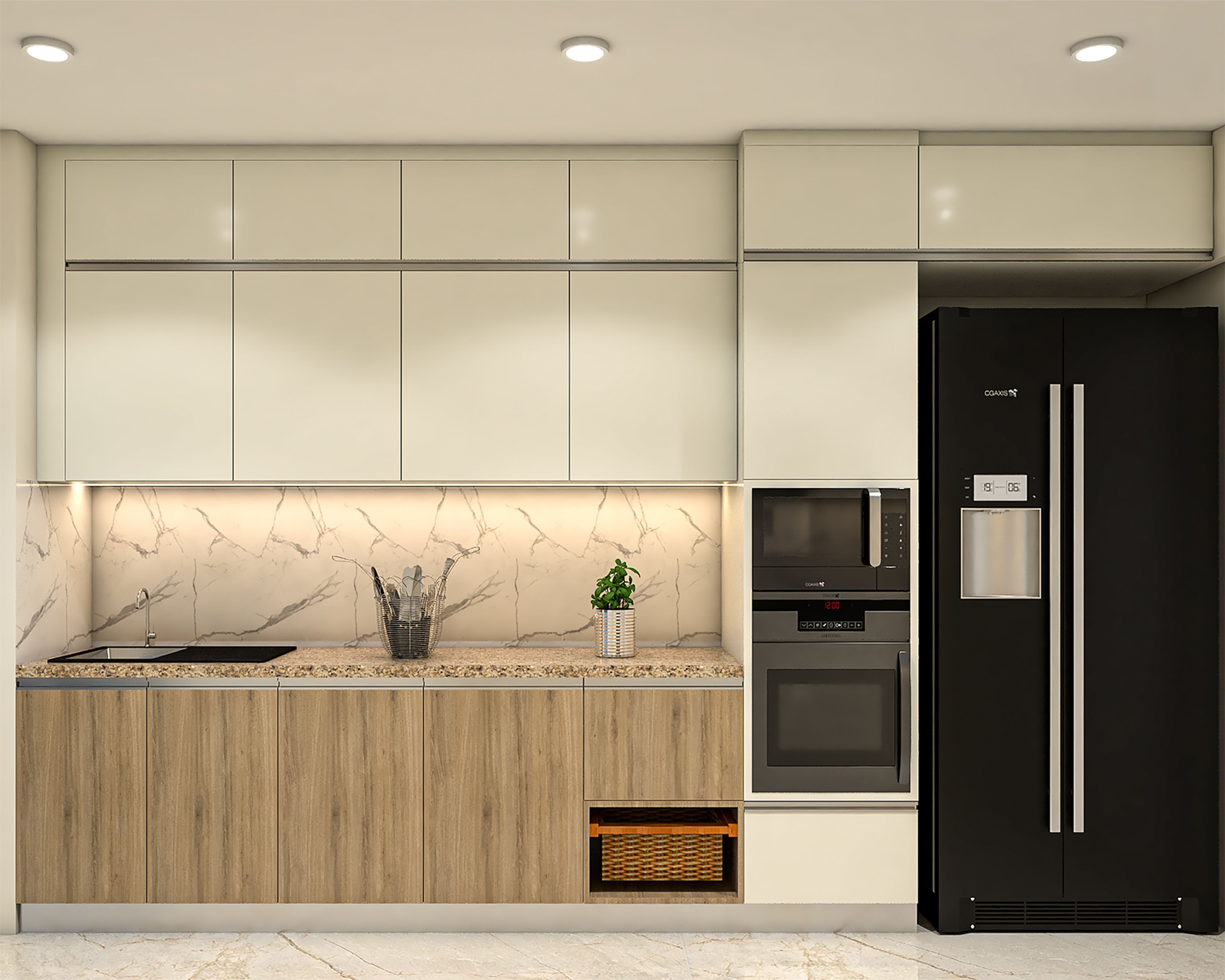 Contemporary Parallel Kitchen Design with Glass Front Units and Marble Backsplash