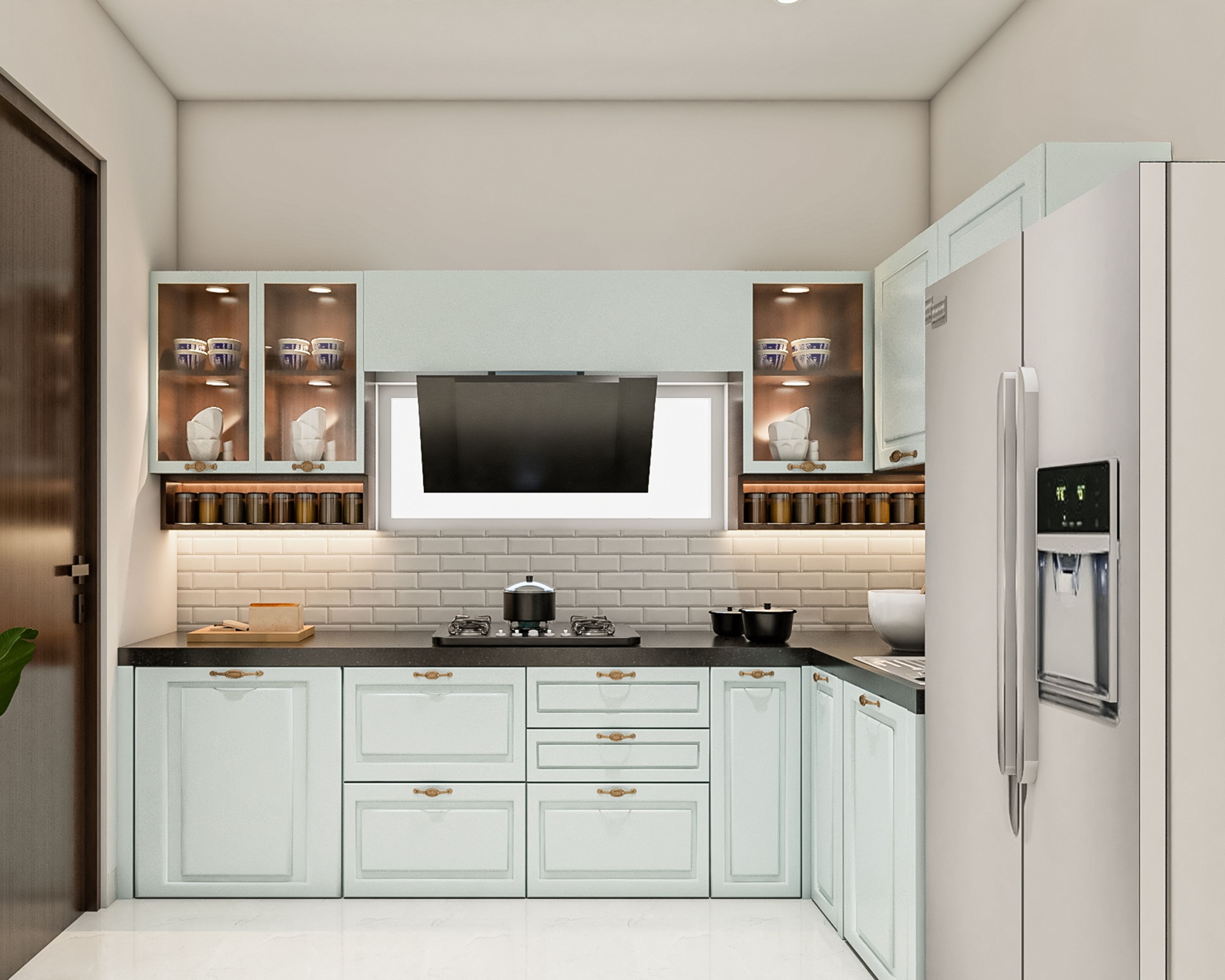 Transitional L-Shaped Kitchen Design with Matte Denim Suedette Cabinets