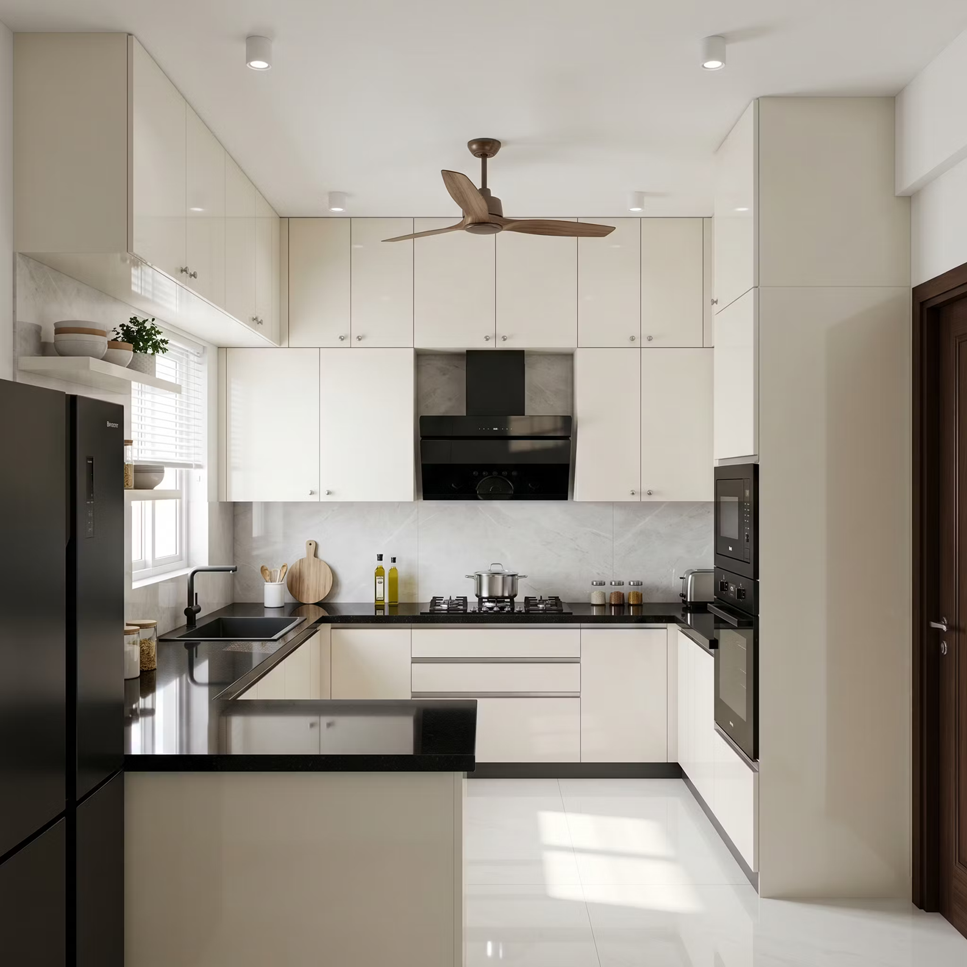 High Gloss White Modern U-Shaped Kitchen Design with Granite Countertop