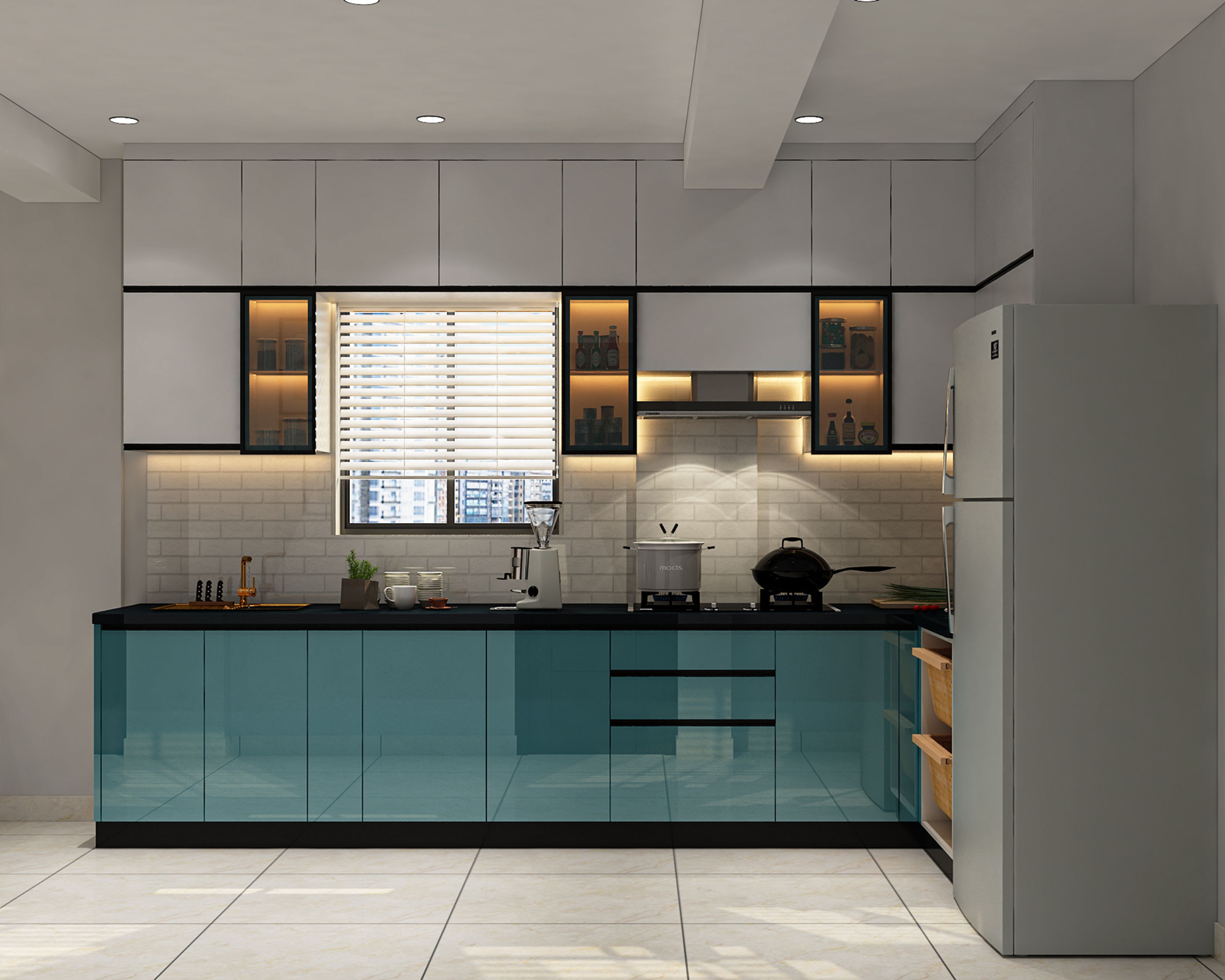 Modern L-Shaped Kitchen Design with Glossy Blue Base and White Wall Cabinets