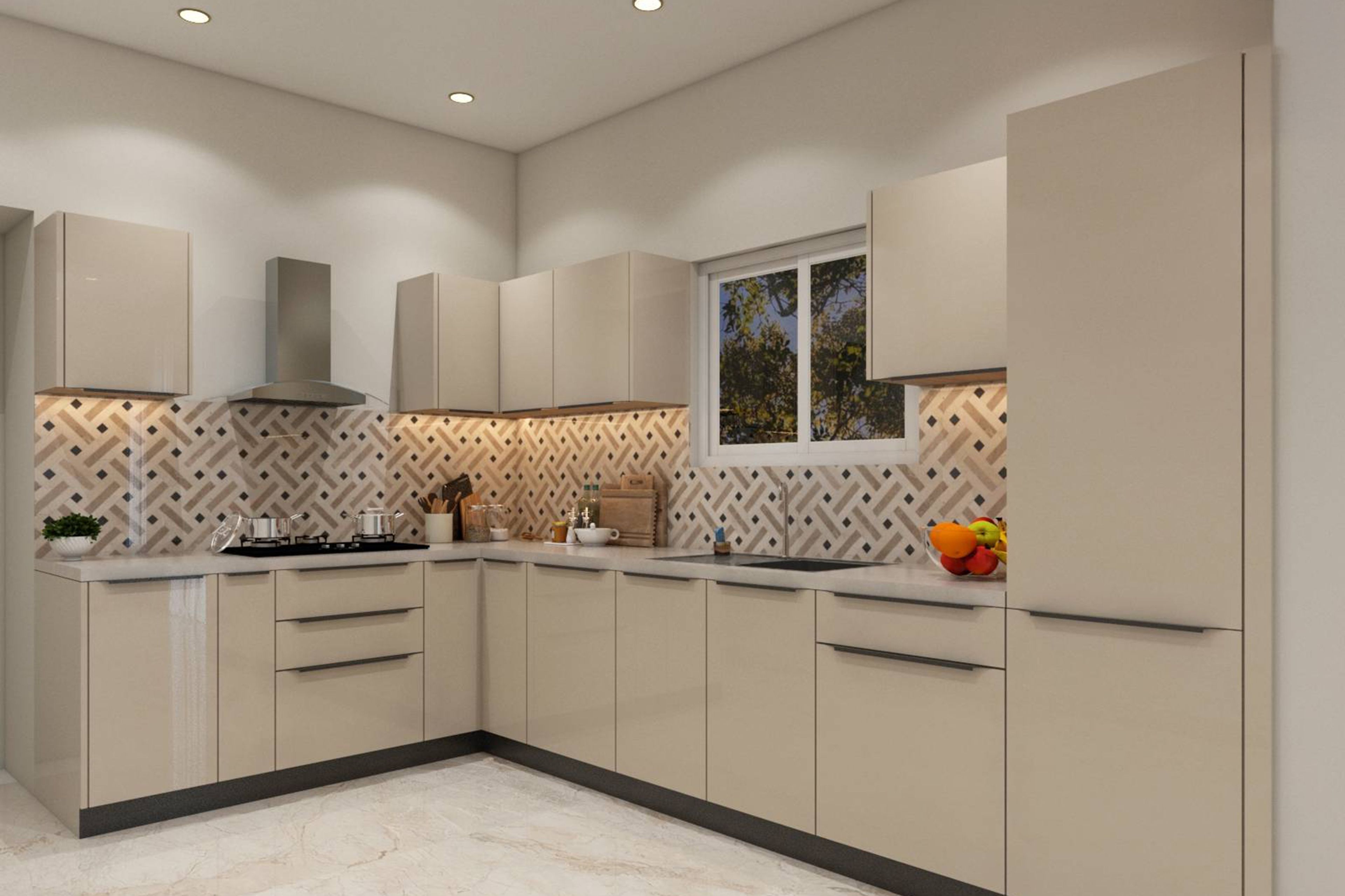 Contemporary L-Shaped Kitchen Design with Quartz Countertops and Patterned Backsplash