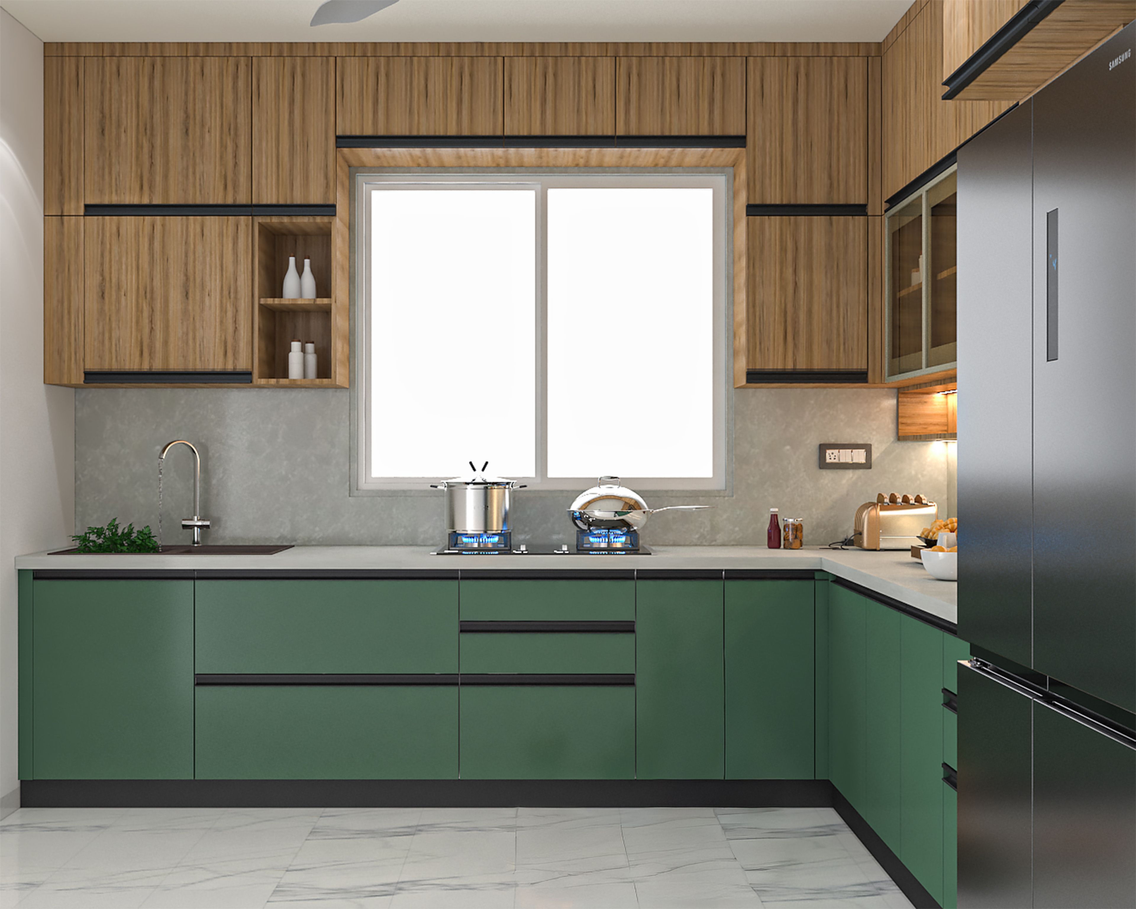 Modern L-Shaped Kitchen Design with Wood Grain Cabinets and Quartz Counter