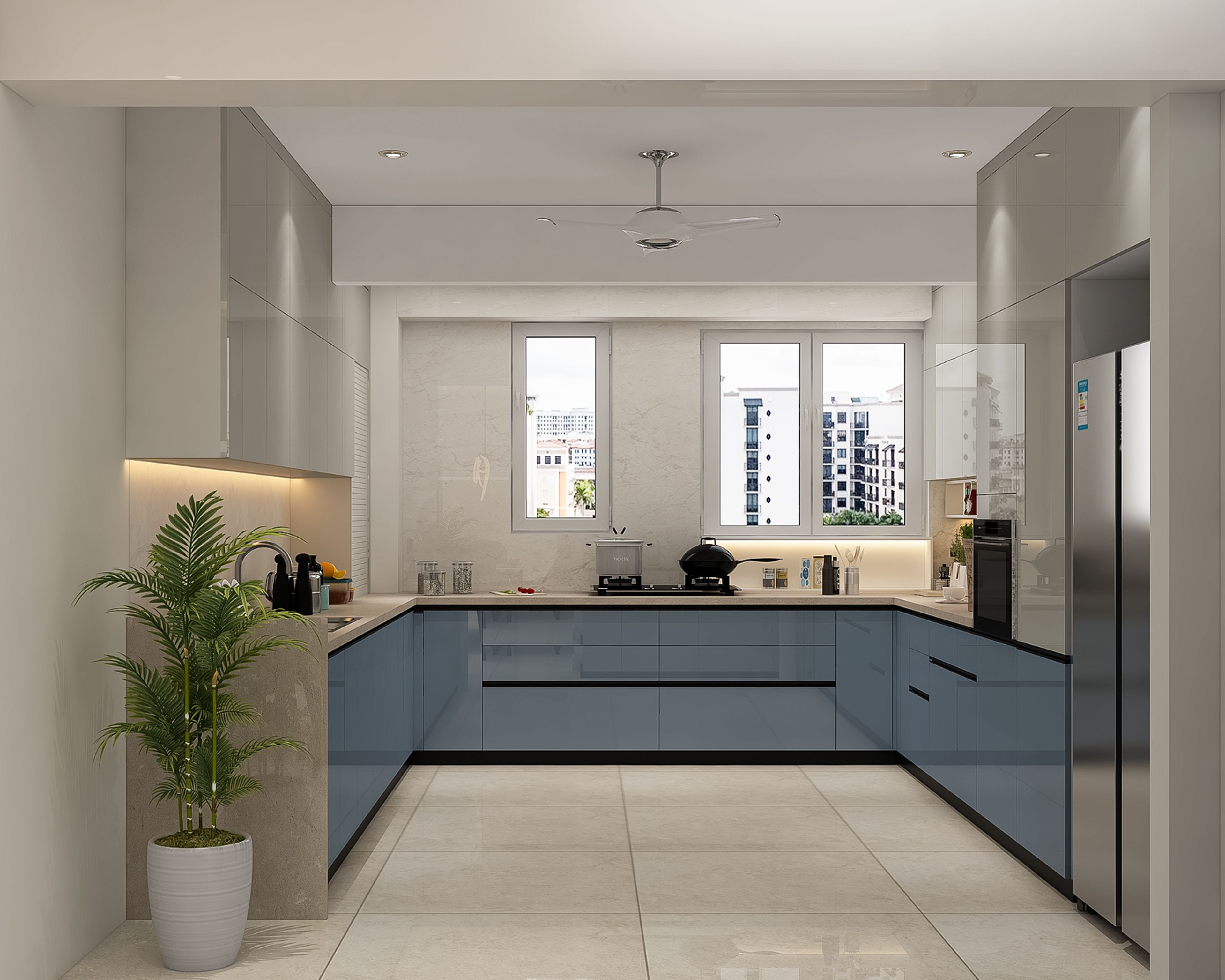 Contemporary U-Shaped Kitchen Design with Quartz Counter and Textured Stone Wall