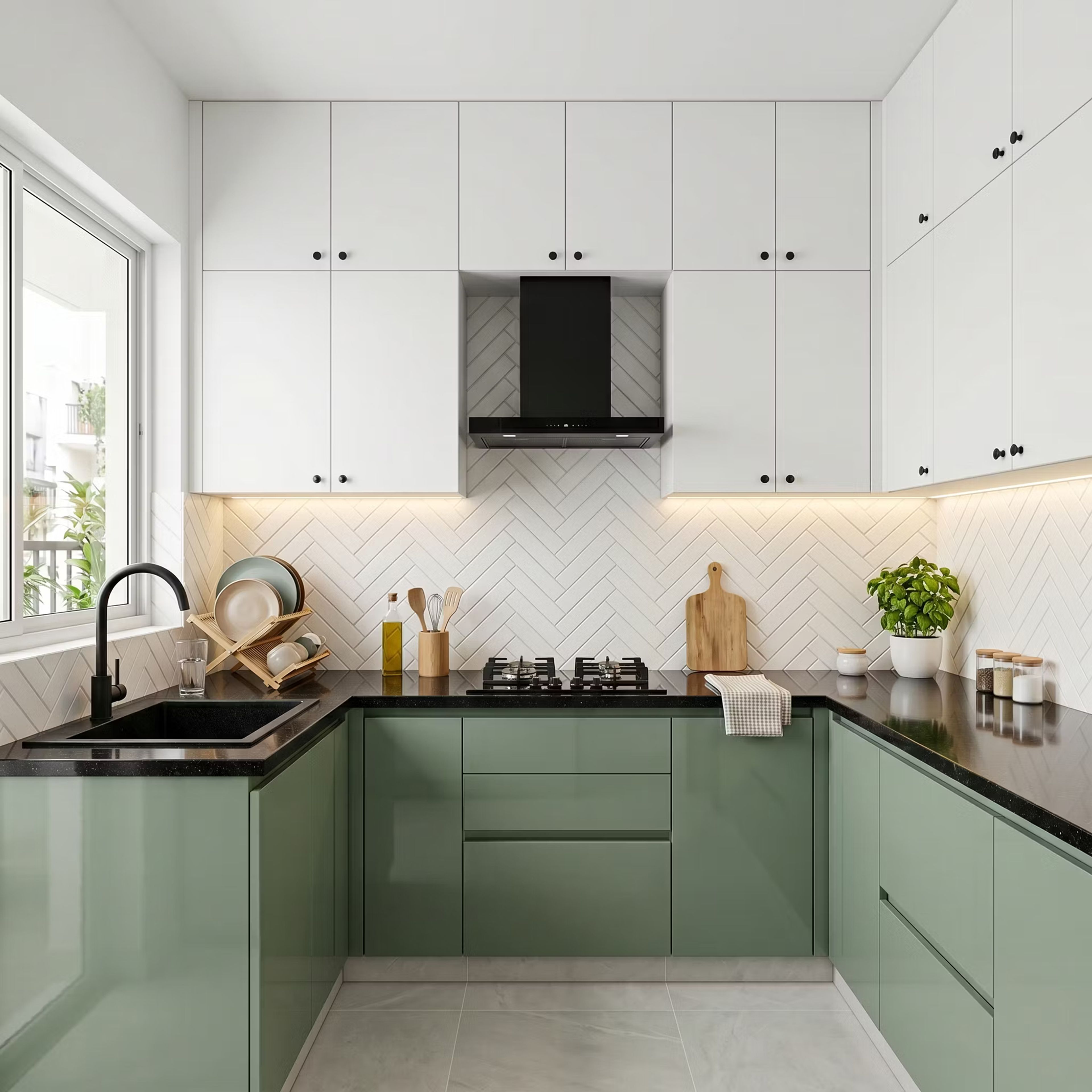 Aqua Green and White U Shaped Kitchen Design with Herringbone Backsplash