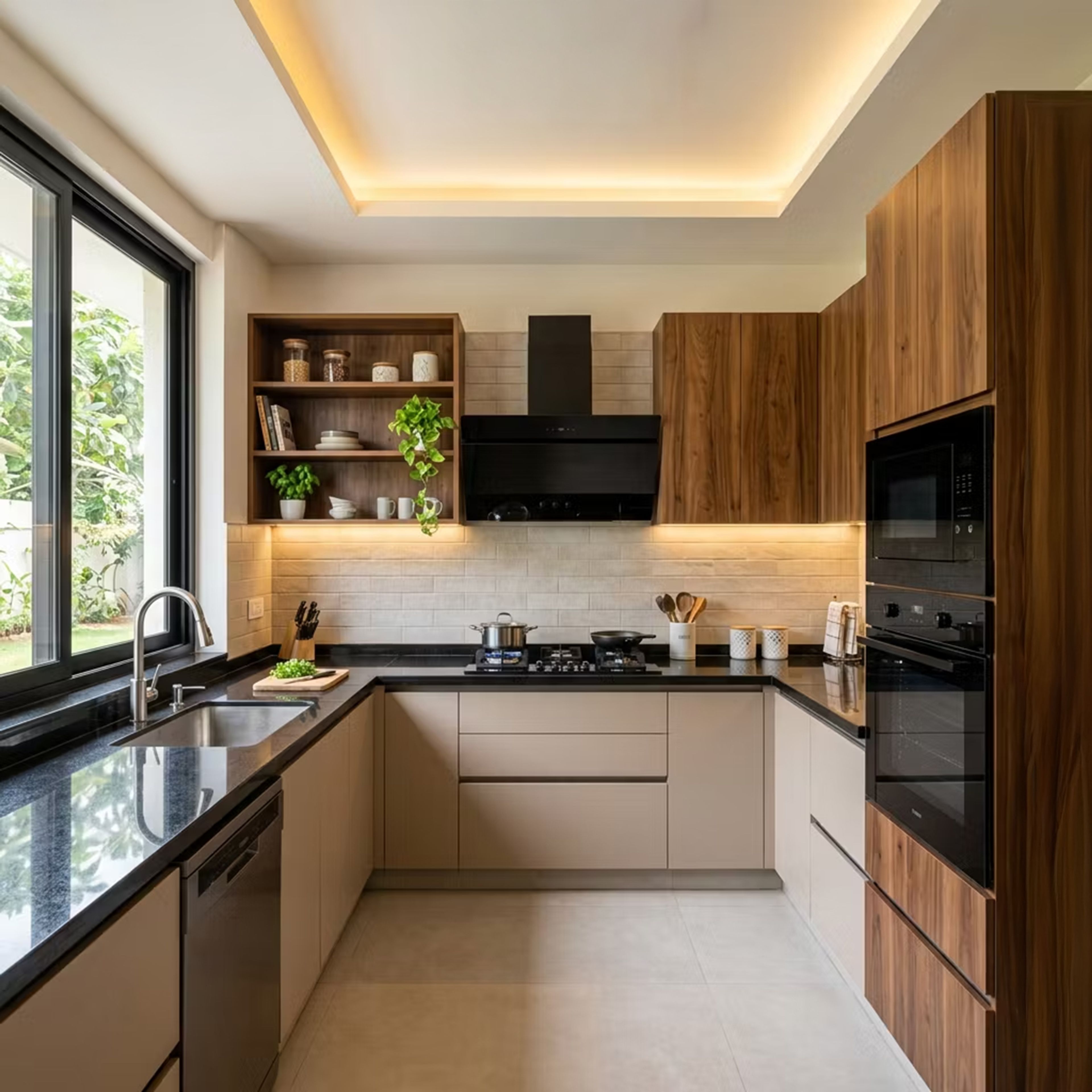 Walnut and Cream U Shaped Kitchen Design with Handleless Cabinets