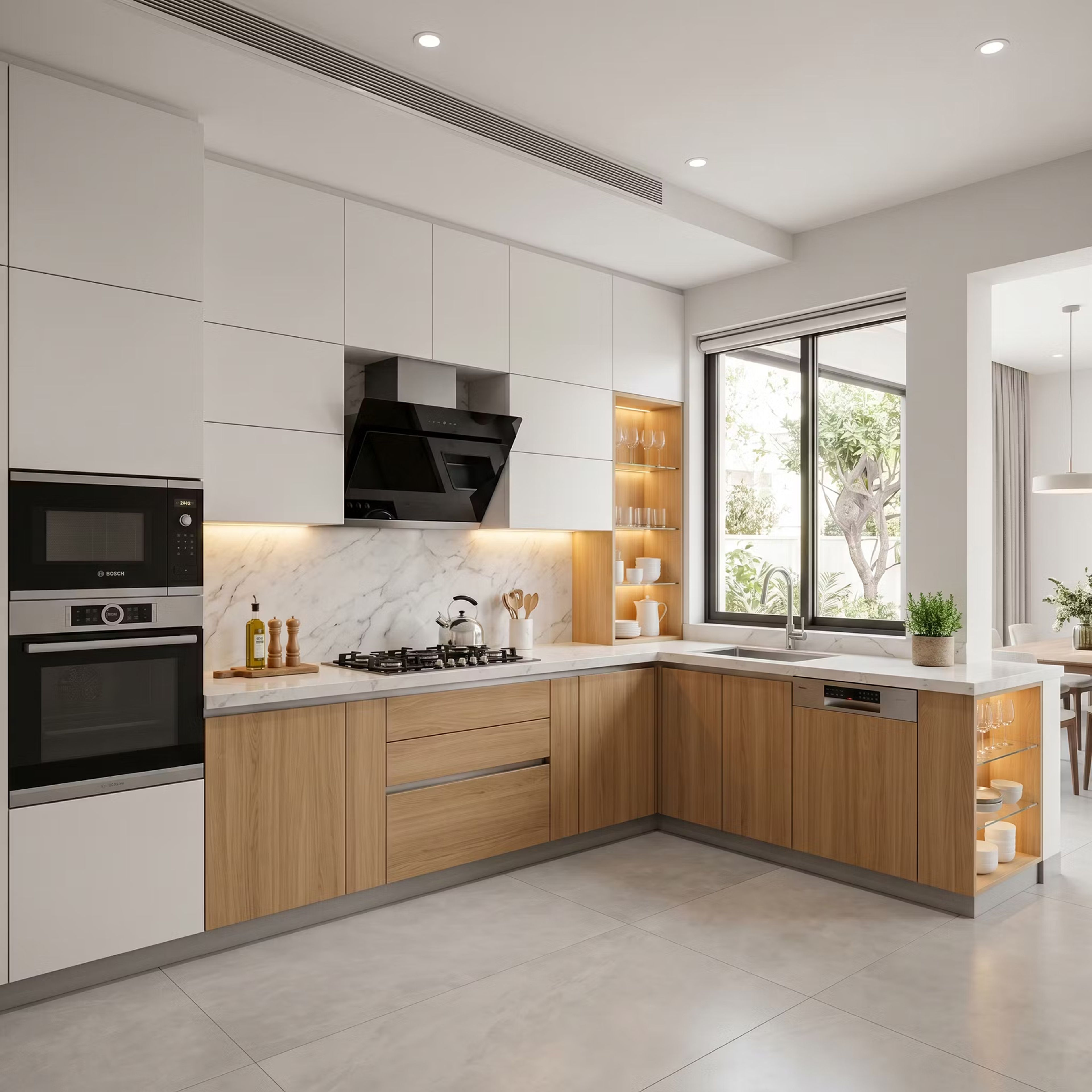 Wood and White L Shaped Kitchen Design with Marble Countertops