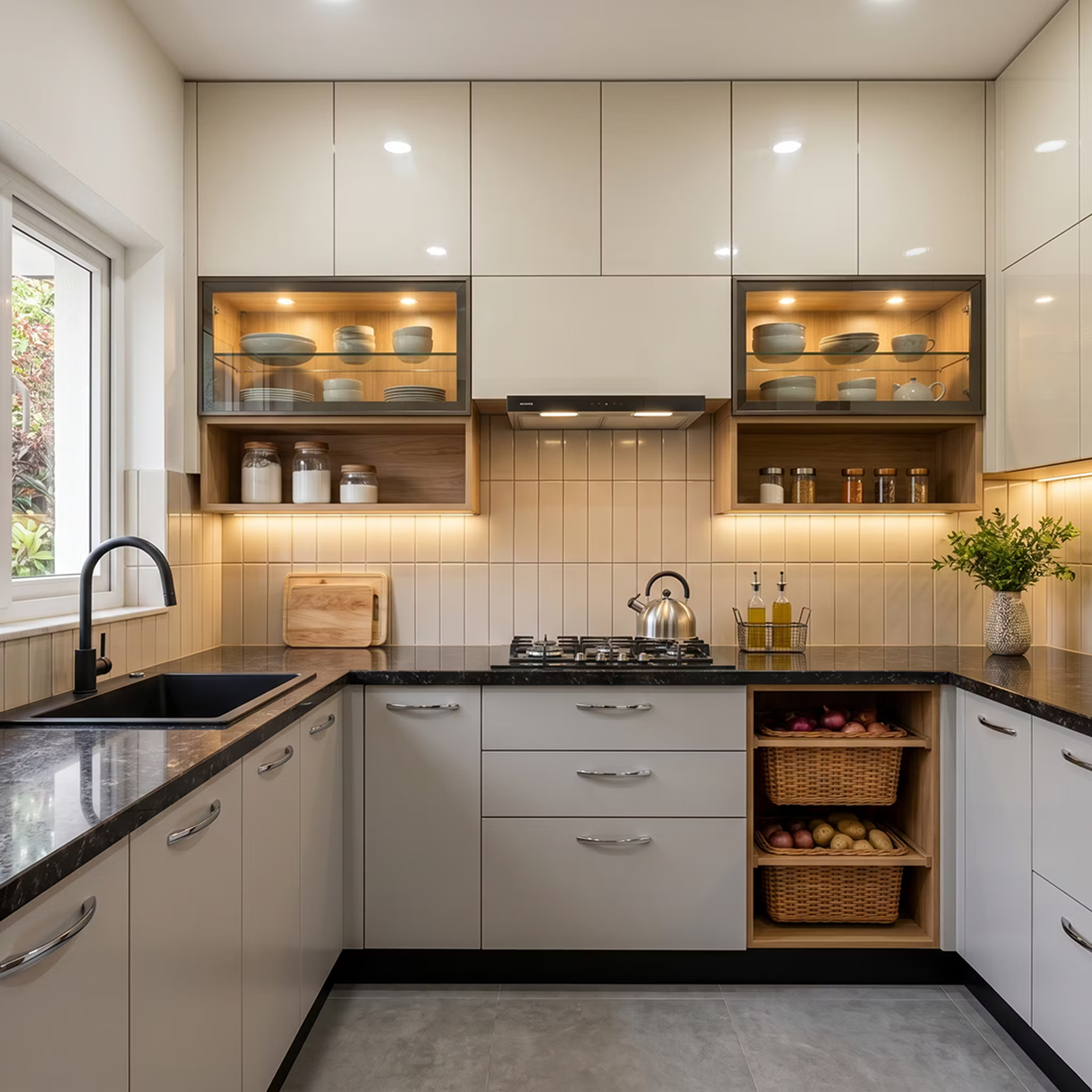 Contemporary U-Shaped Kitchen Design with Beige and Grey Cabinets and Woven Basket Storage
