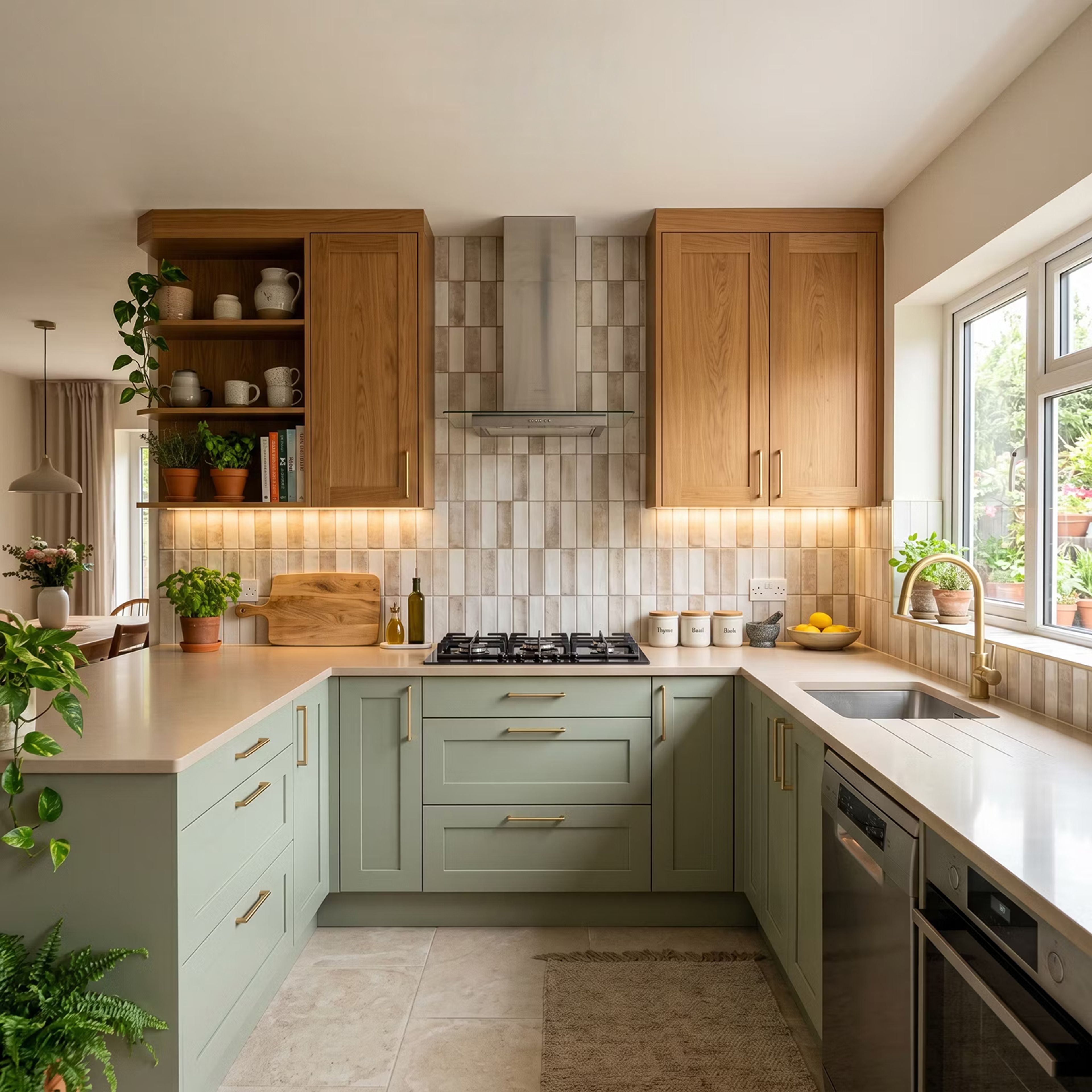Sage Green and Wood U Shaped Kitchen Design with Quartz Top