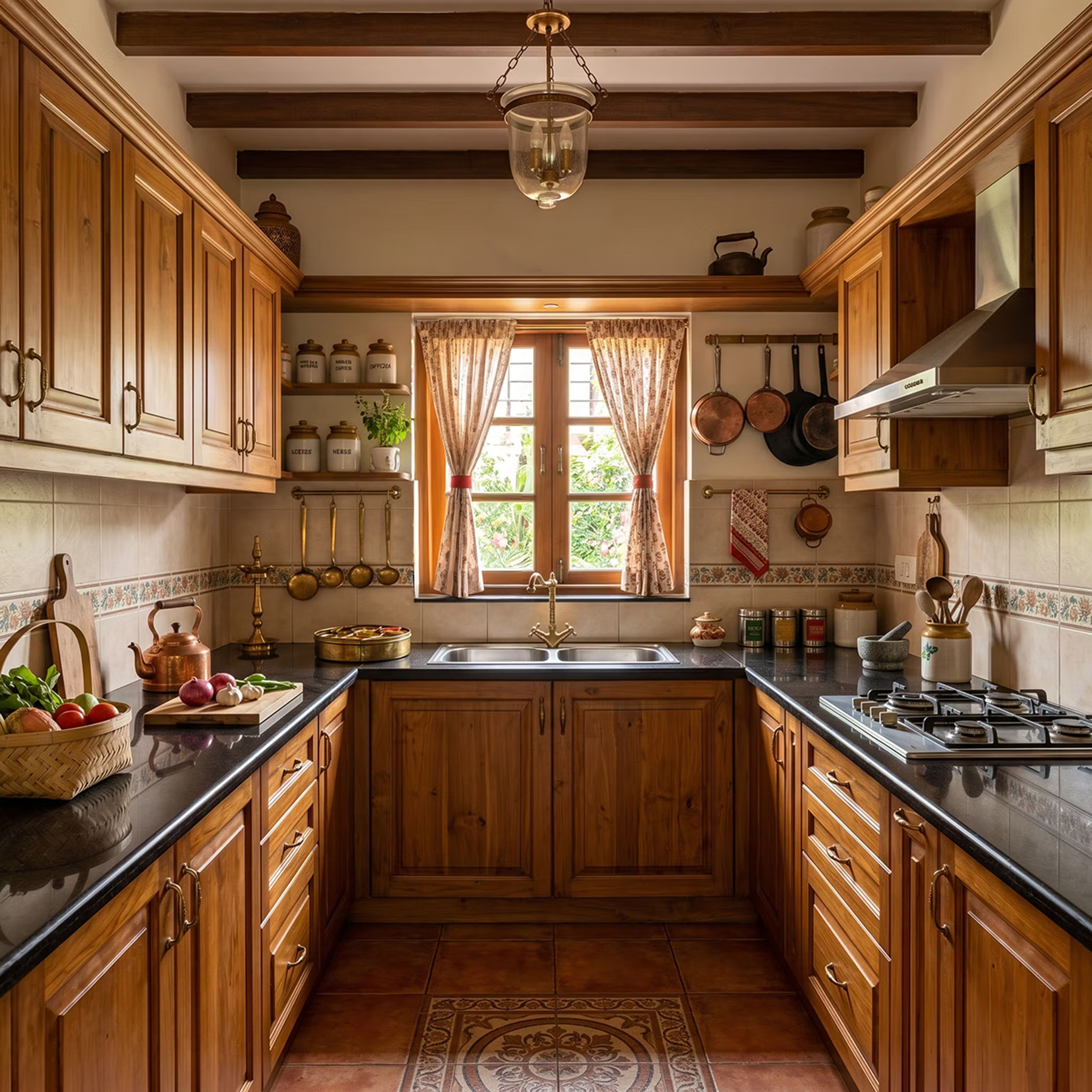 U Shaped Kitchen Design with Terracotta Floors and Wooden Beams