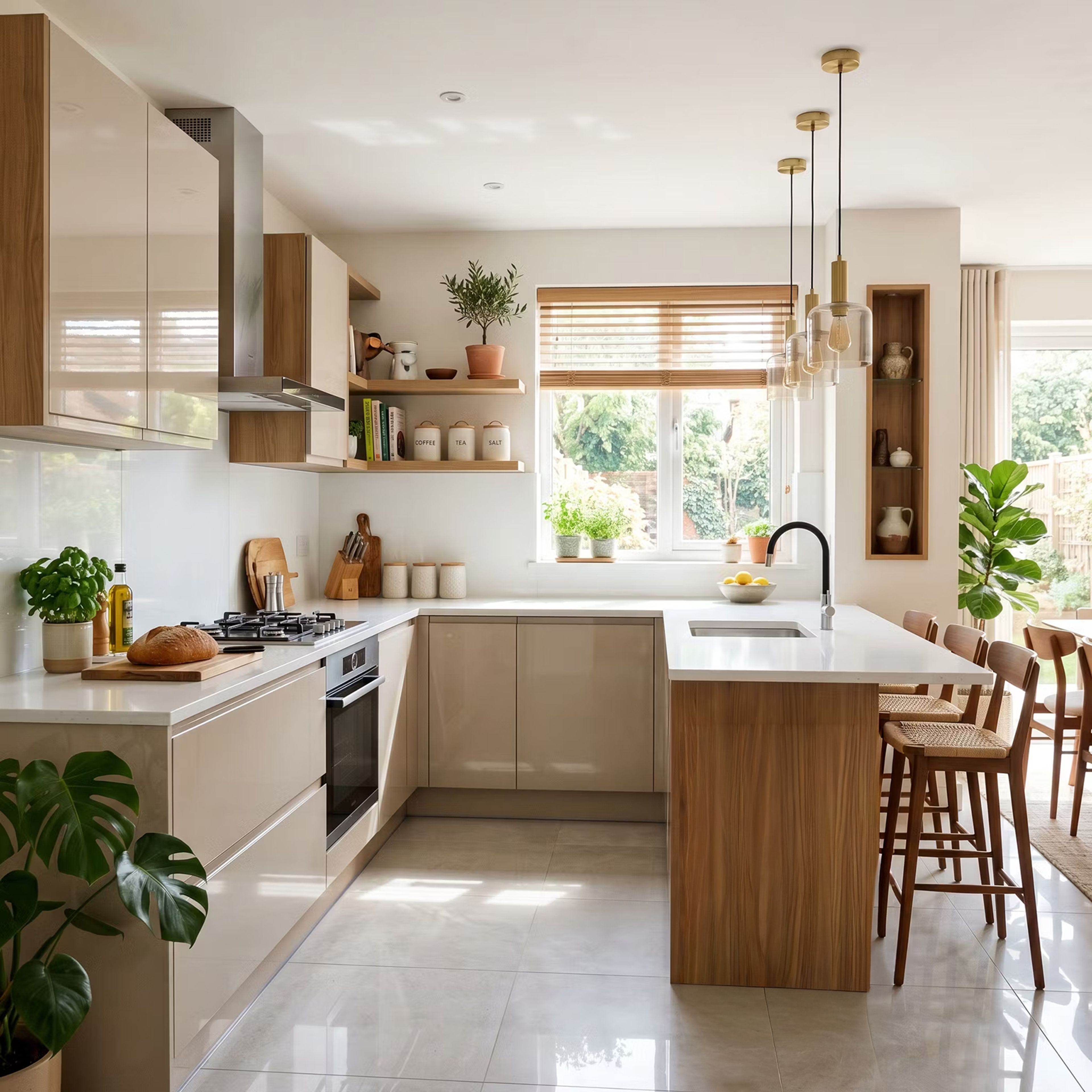 U Shaped Kitchen Design with Irish Cream Cabinets and Bar Stools