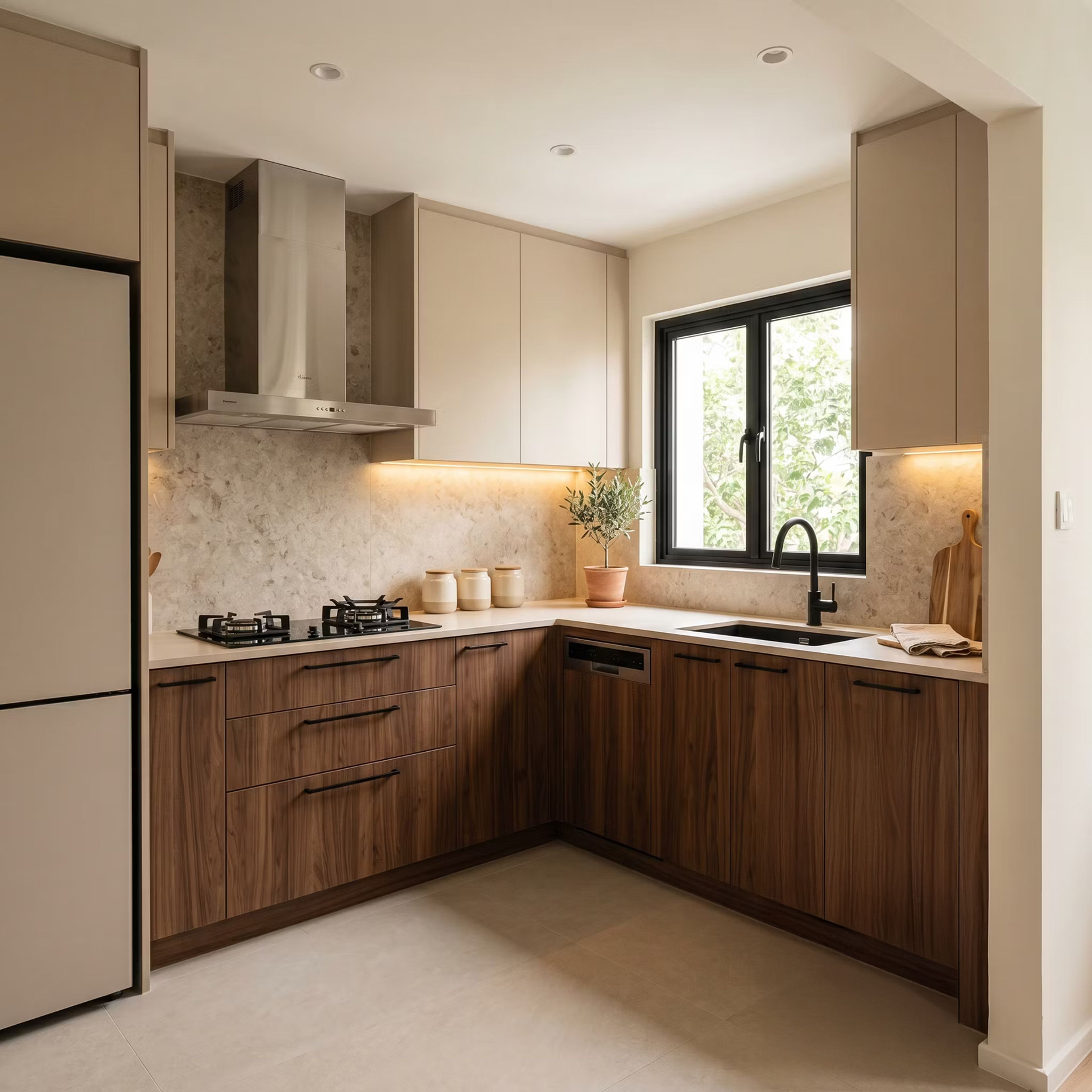 Cream and Walnut Bronze L Shaped Kitchen Design with Quartz Countertop
