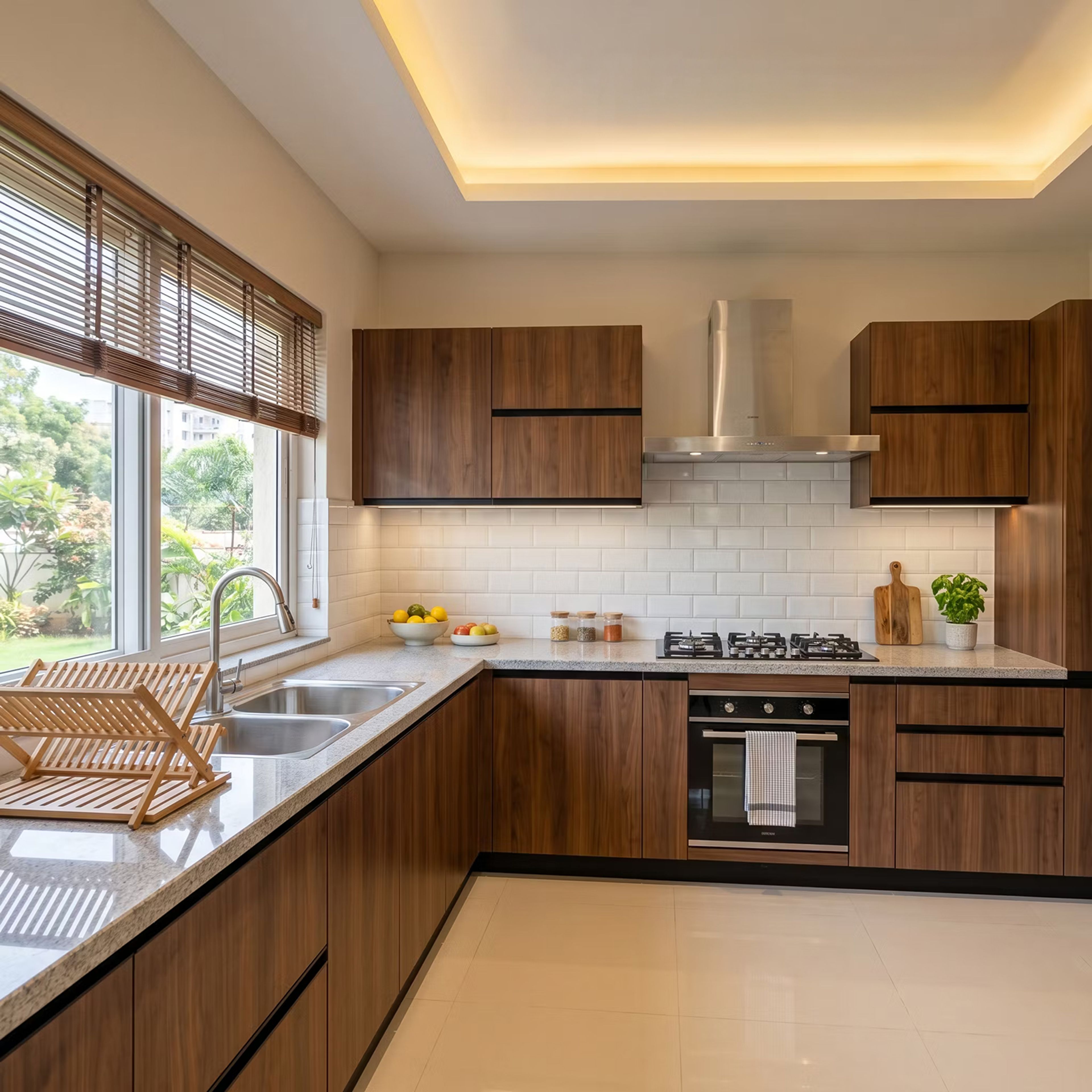 Walnut and Subway Tile L Shaped Kitchen Design with Steel Sink