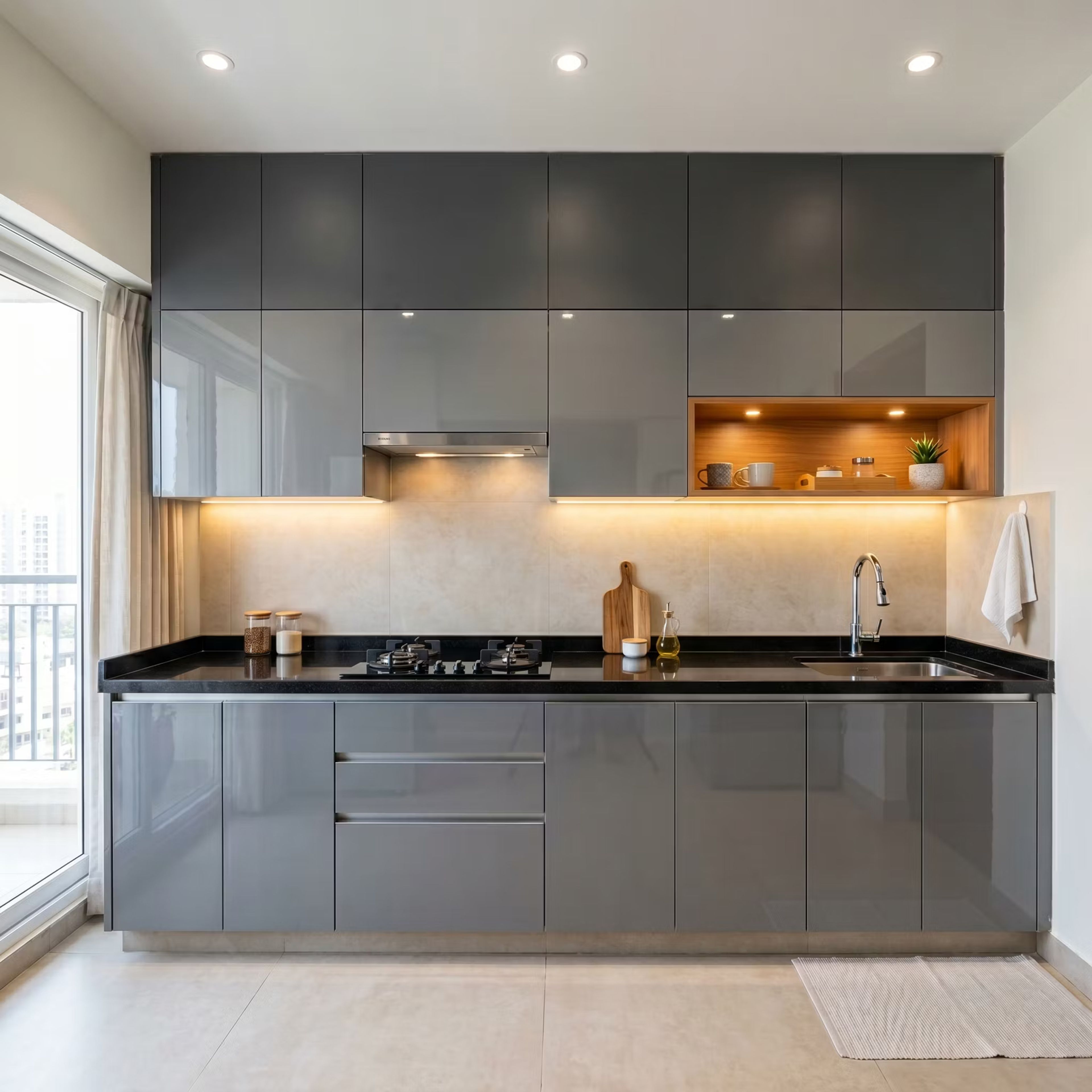 Open Kitchen Design with Grey Glossy Cabinets and Wooden Shelf
