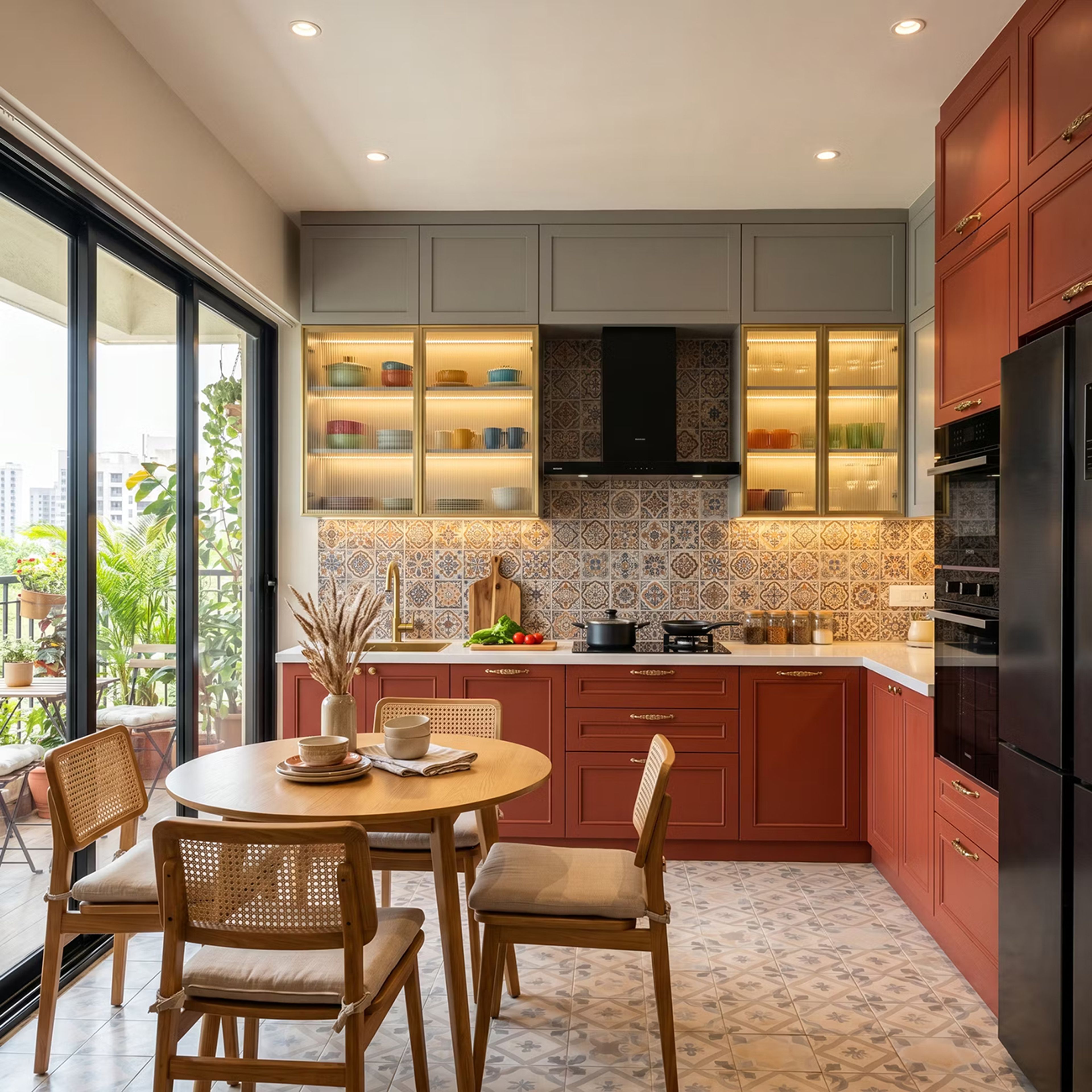 L Shaped Kitchen Design with Orange Cabinets and Ribbed Glass