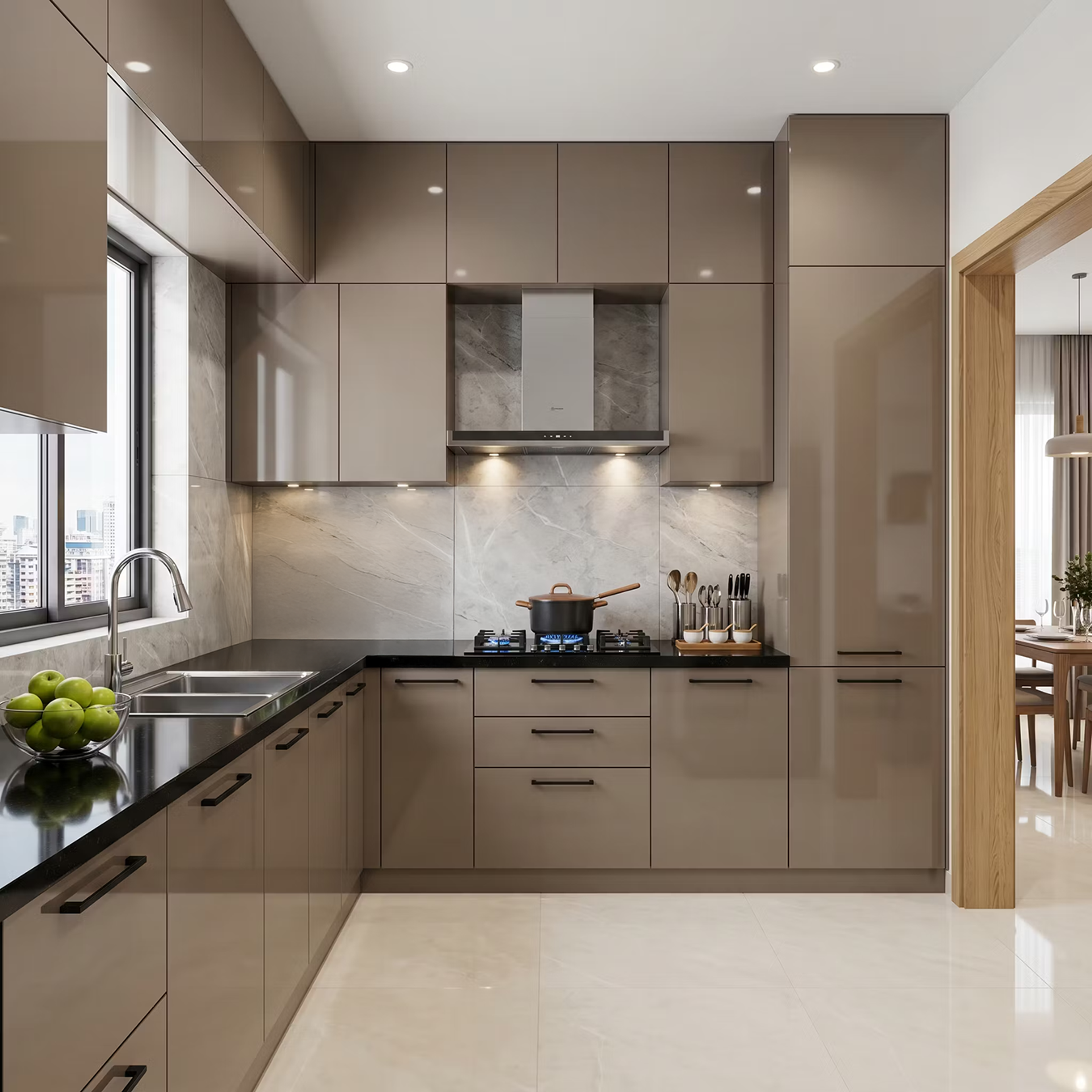 Modern L-Shaped Kitchen Design with Cappuccino Glossy Cabinets and Black Granite Countertop