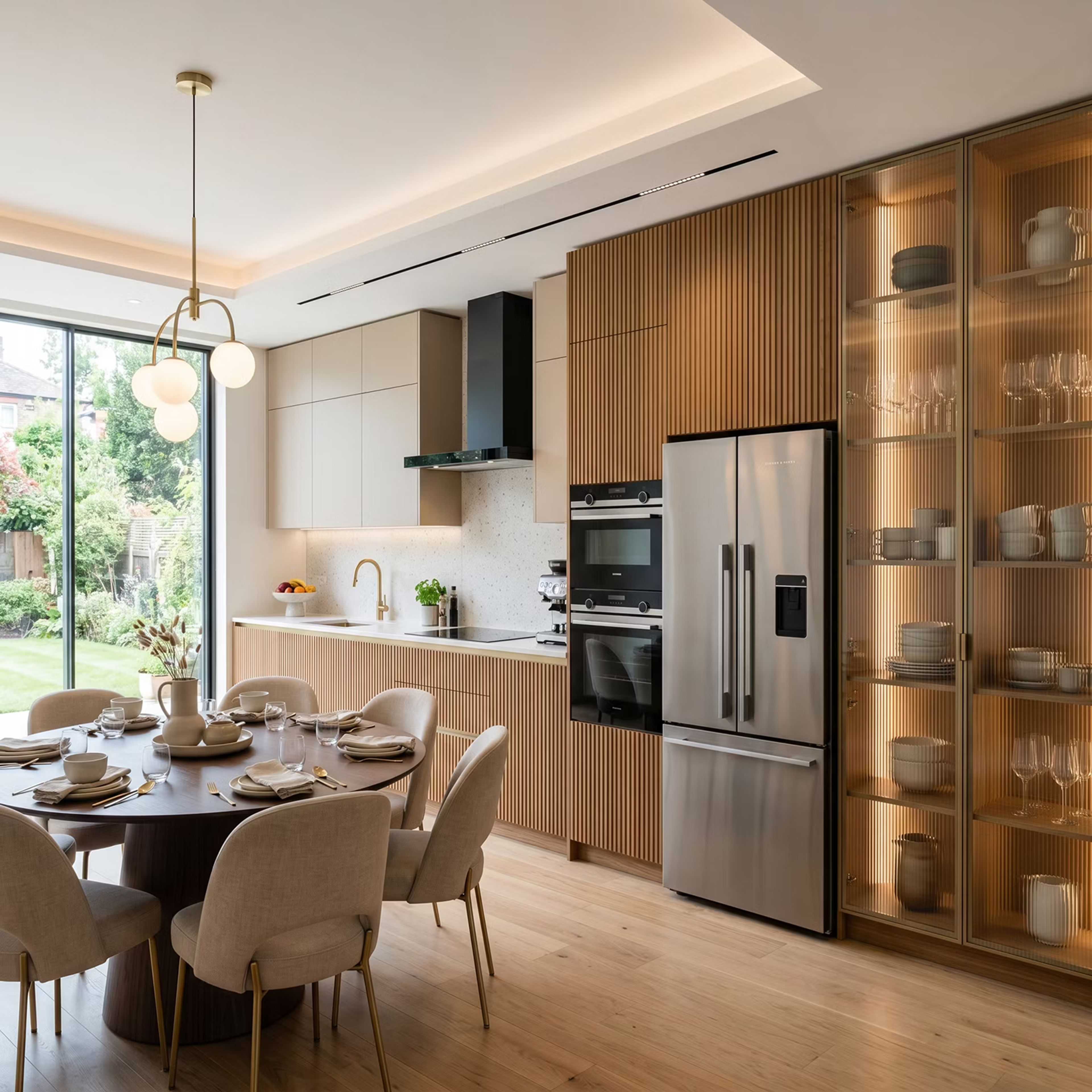 Open Kitchen Design with Tiepolo Wood and Fluted Glass Cabinets