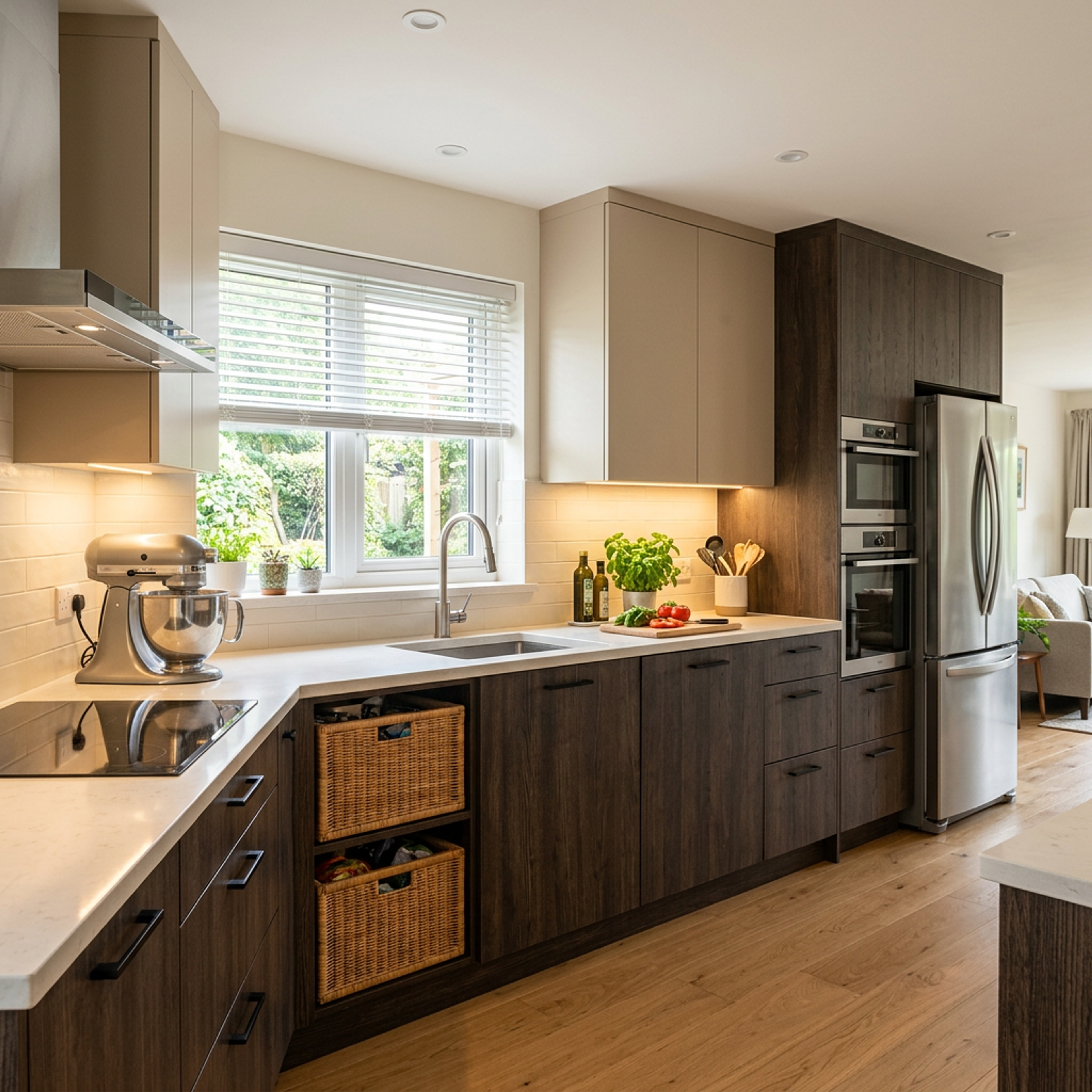 Contemporary L-Shaped Kitchen Design with Mellow Oak and Beige Units