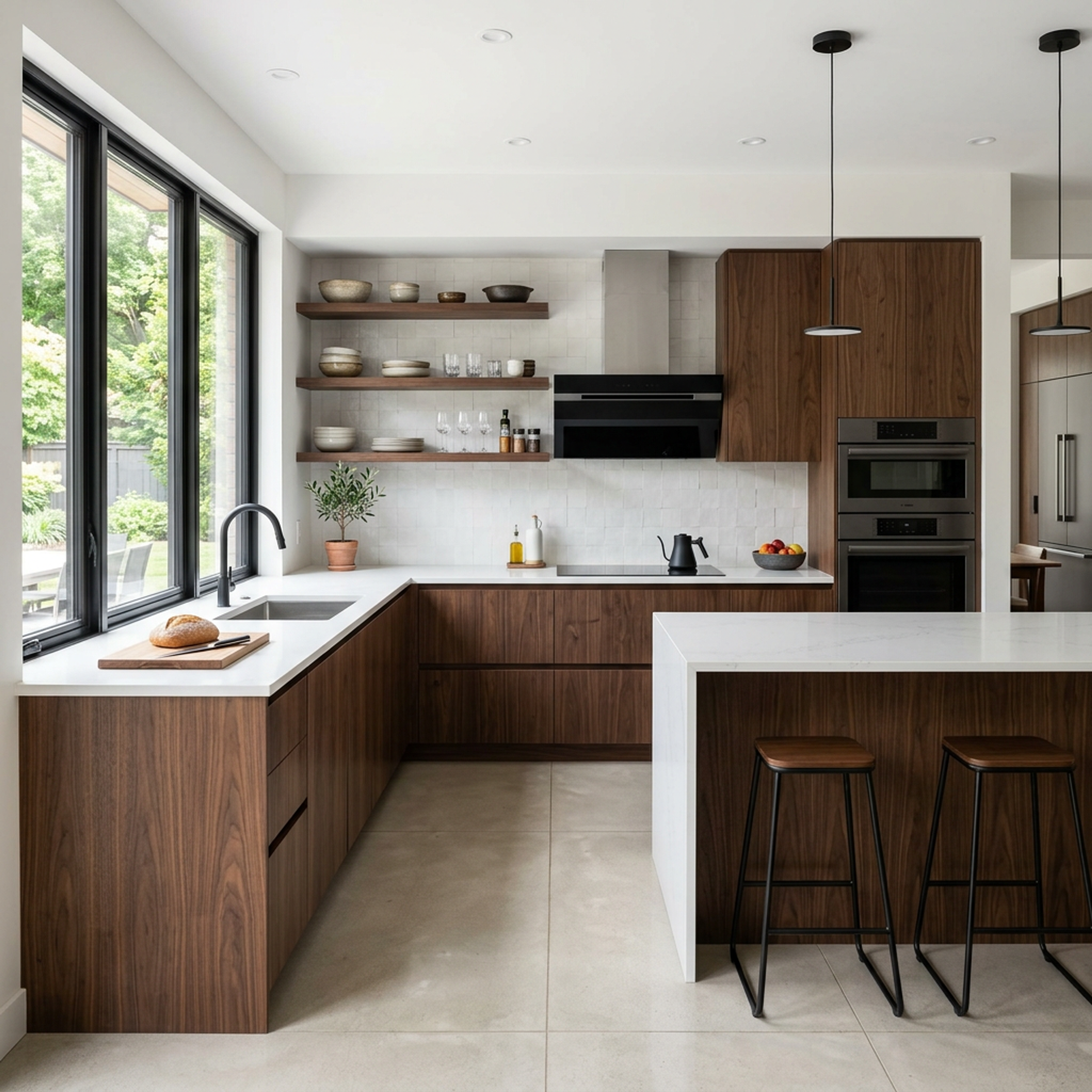 Island Kitchen Design with Dark Wood Island and White Counter