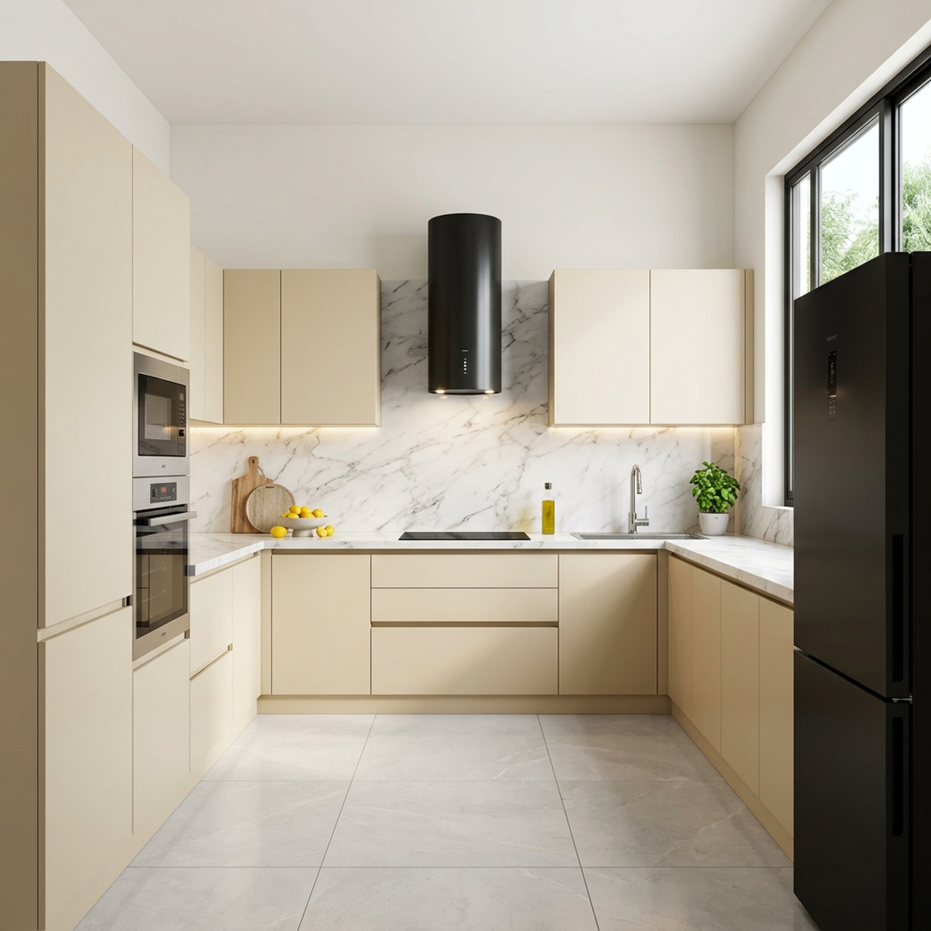 U Shaped Kitchen Design with Ivory Cabinets and Black Hood