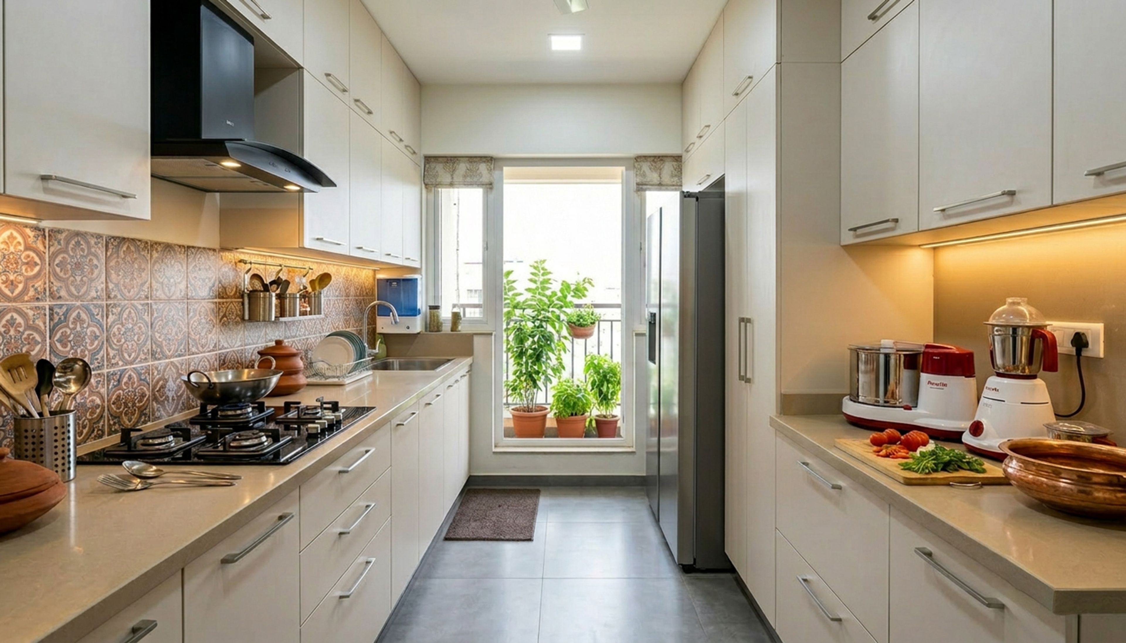 Contemporary Kitchen Design with White Cabinets and ParallelLayout