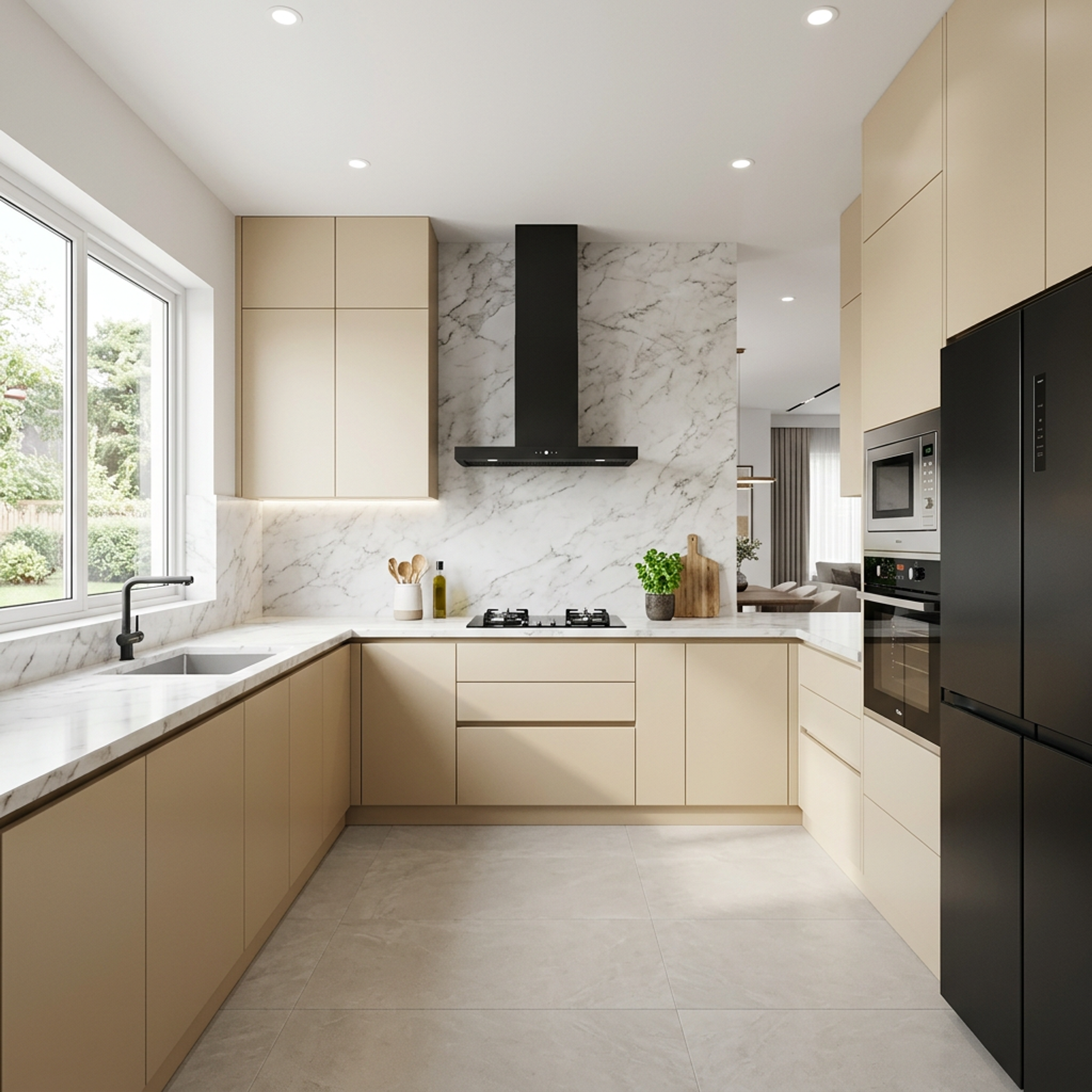 Modern U Shaped Kitchen Design with Cream Cabinets and Black Range Hood