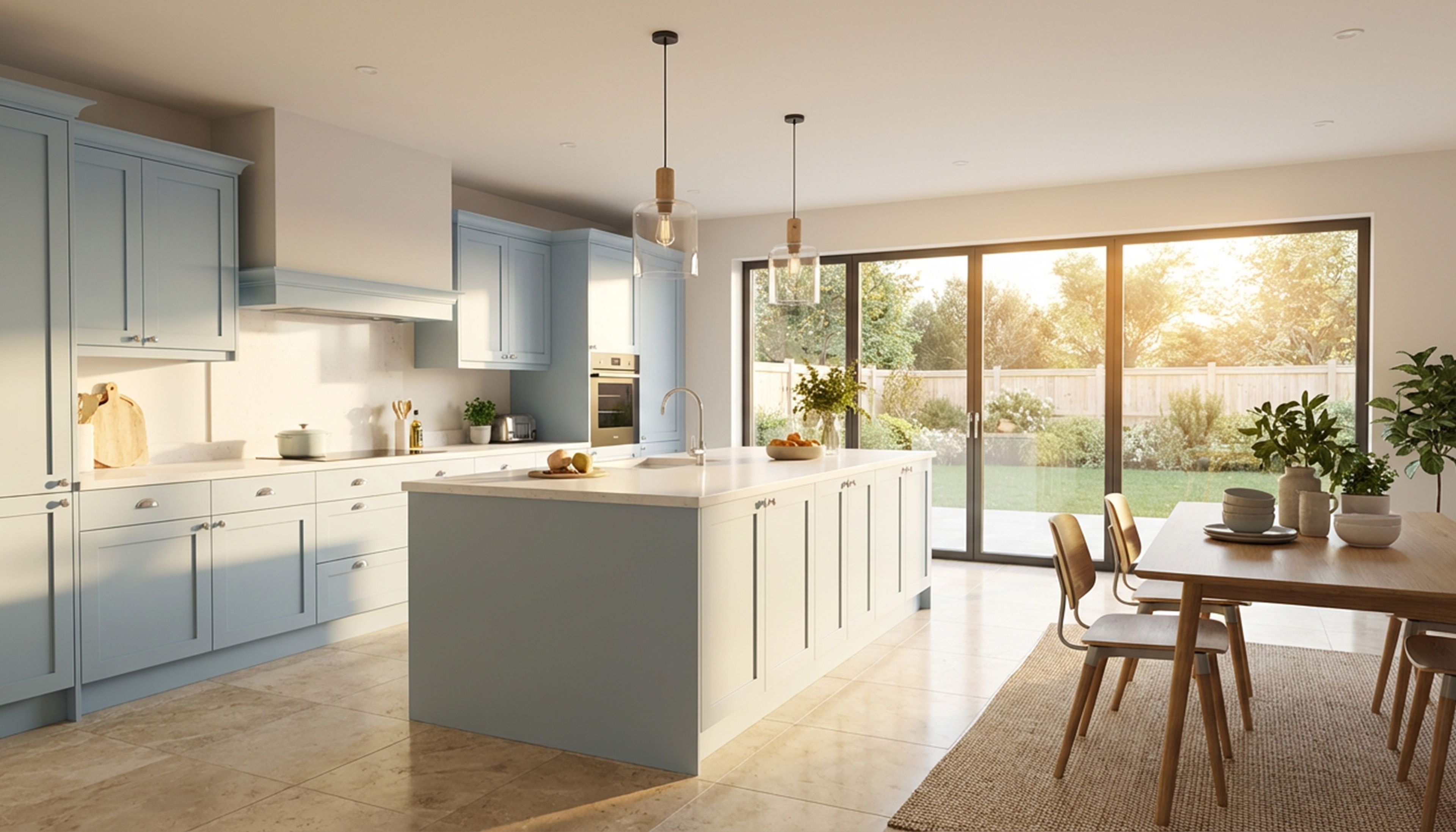 Transitional Kitchen Design with Island and Denim Blue Storage Cabinets