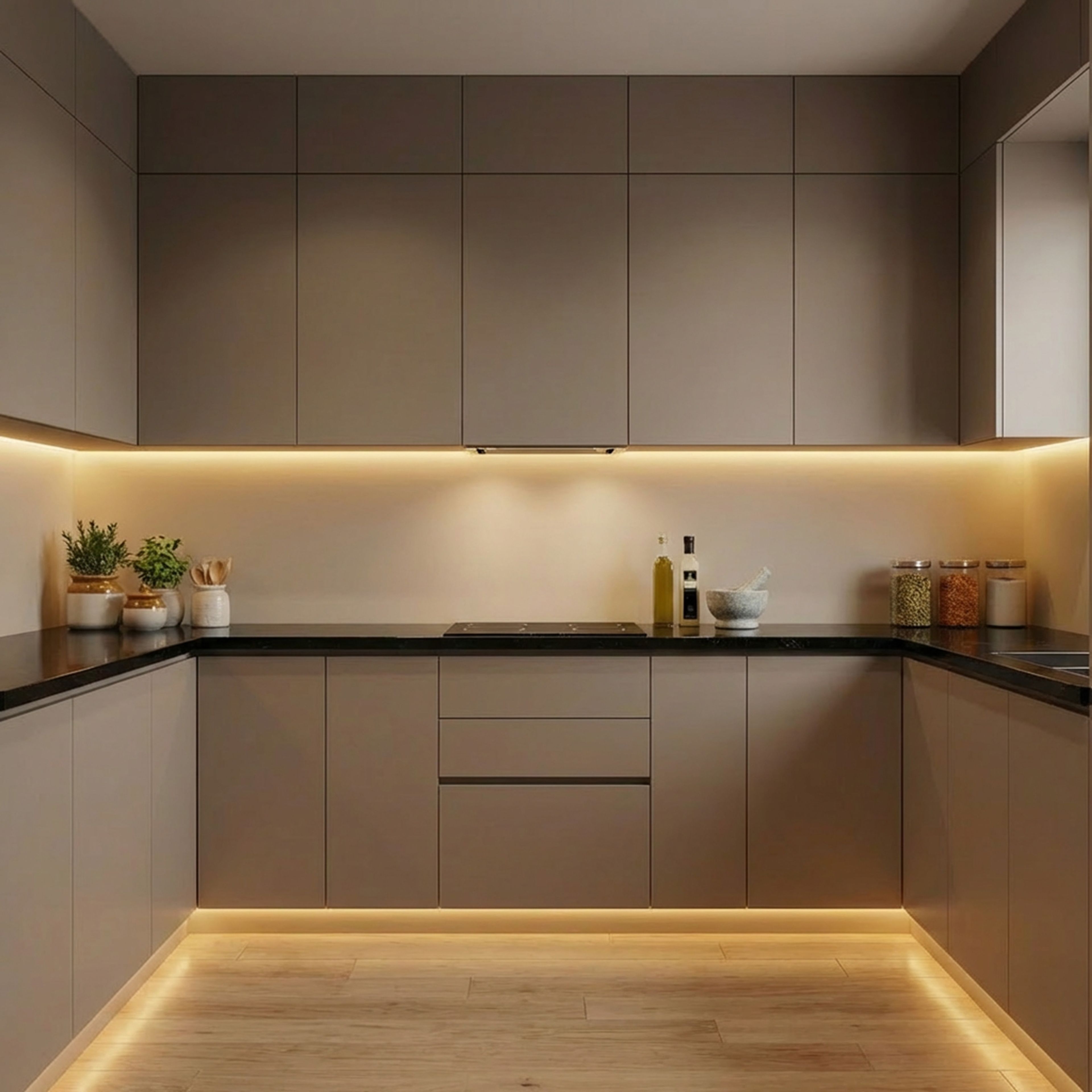 Modern Kitchen Design with U Shaped Layout and Matte Finish Cream Cabinets